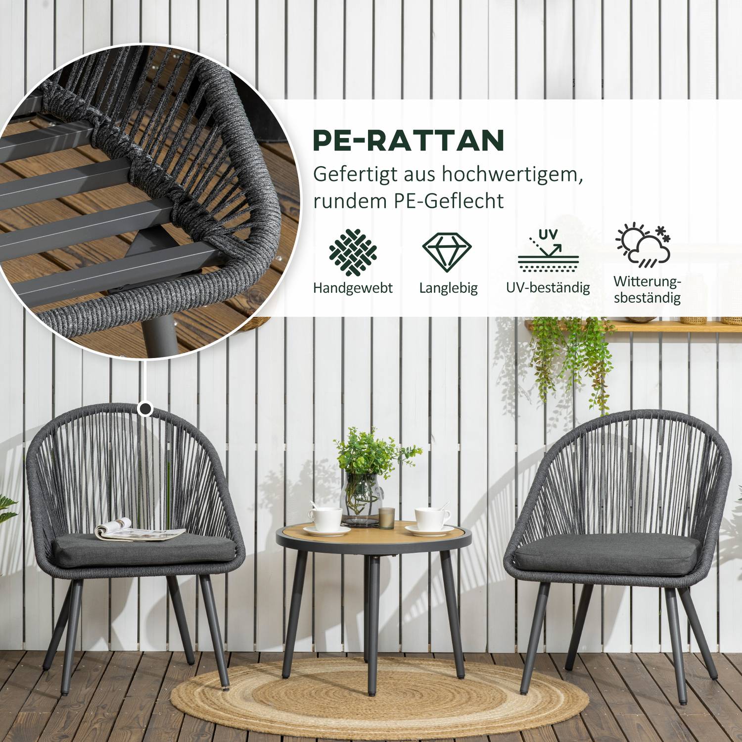 Rotan tuinzitset voor 2 met kussens, donkergrijs