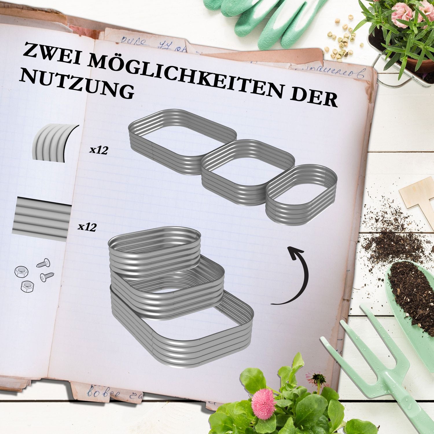 Metalen tuinbed, 3-laags plantenbak, veiligheidsranden