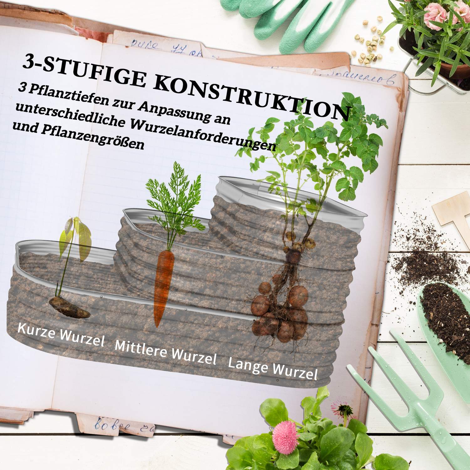 Metalen tuinbed, 3-laags plantenbak, veiligheidsranden