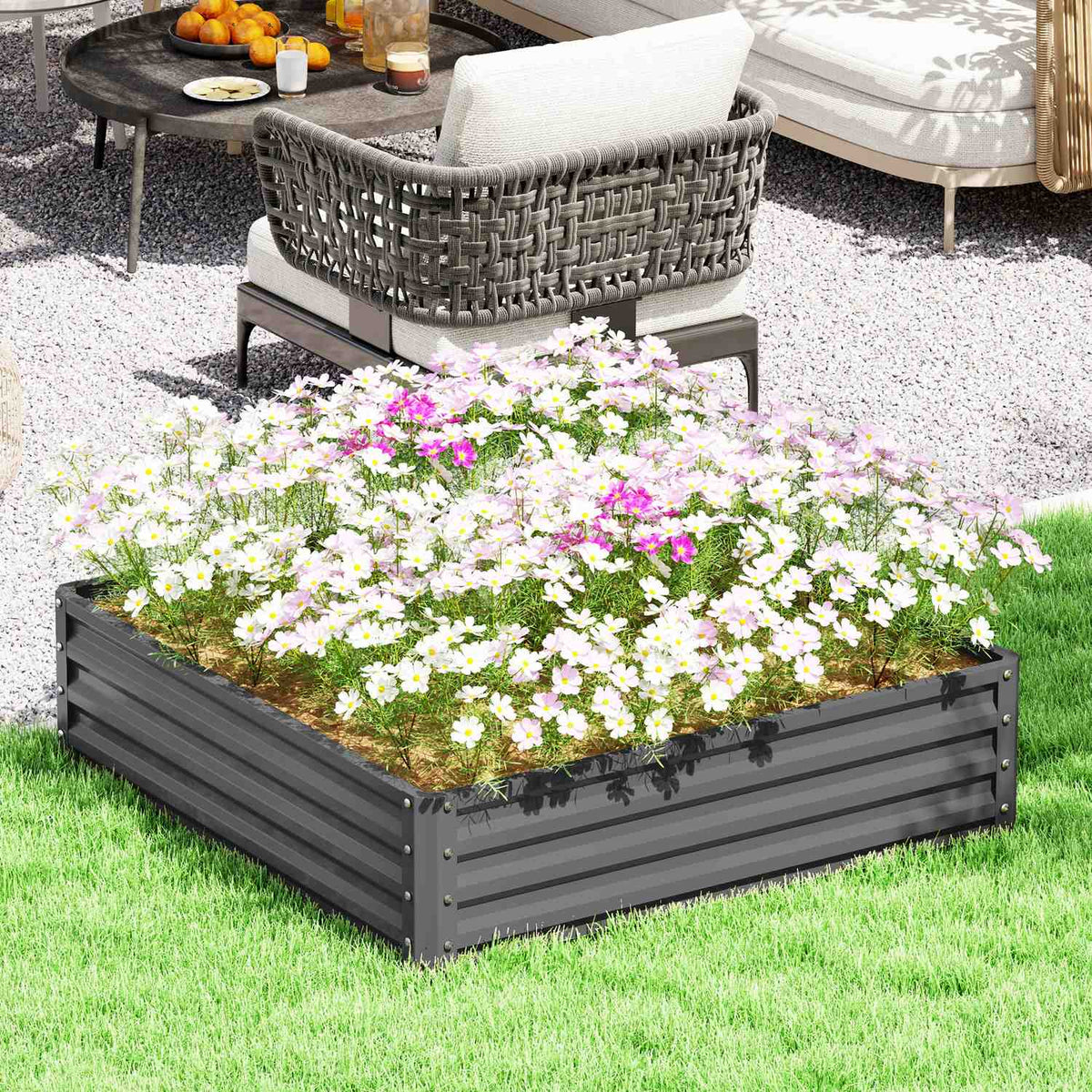 Tuinbed, plantenbak met stalen behuizing, lichtgrijs, 120 x 120 x 30 cm