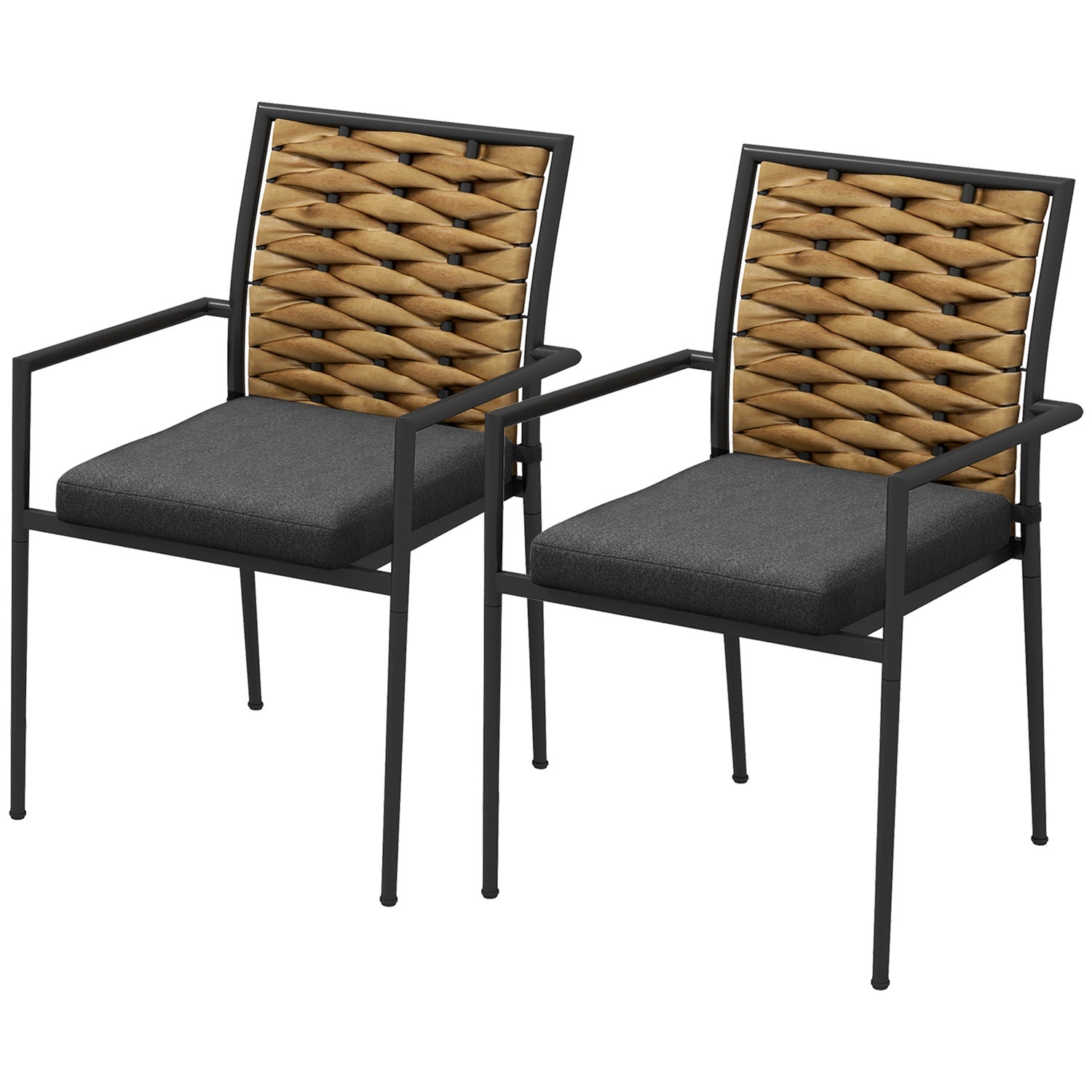 Rotan tuinstoelen, stapelbaar met kussens, zwart
