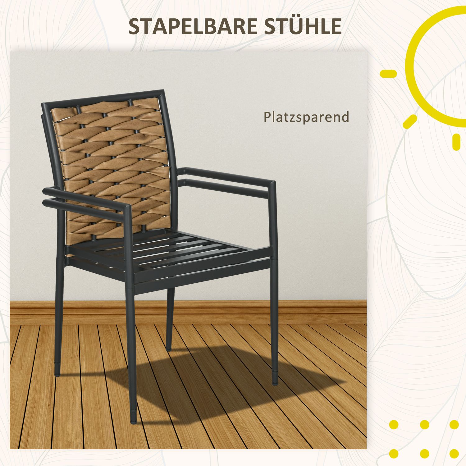 Rotan tuinstoelen, stapelbaar met kussens, zwart