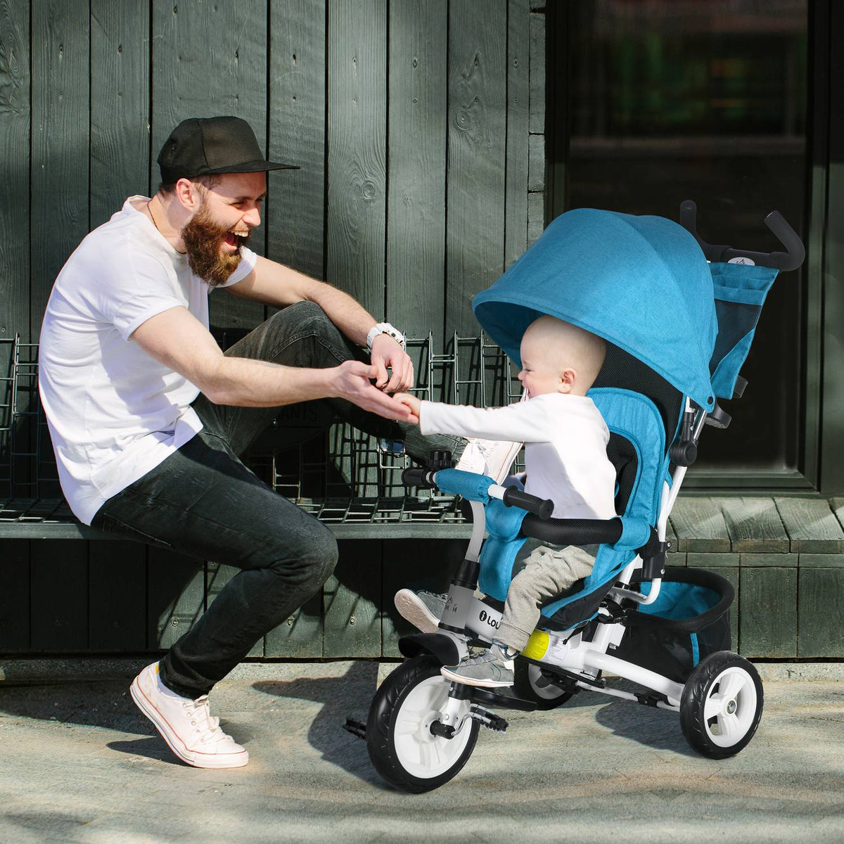 Driewieler voor kinderen, kinderfiets, achterste mand, bekerhouder, zonnescherm, metaal, blauw