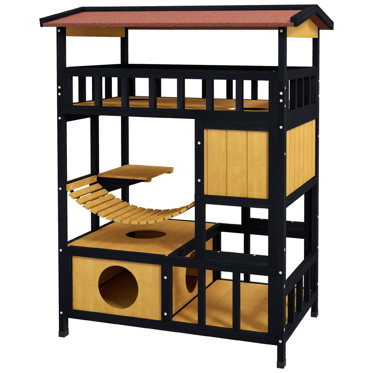 Houten kattenhuis met platforms en hangbrug, geel