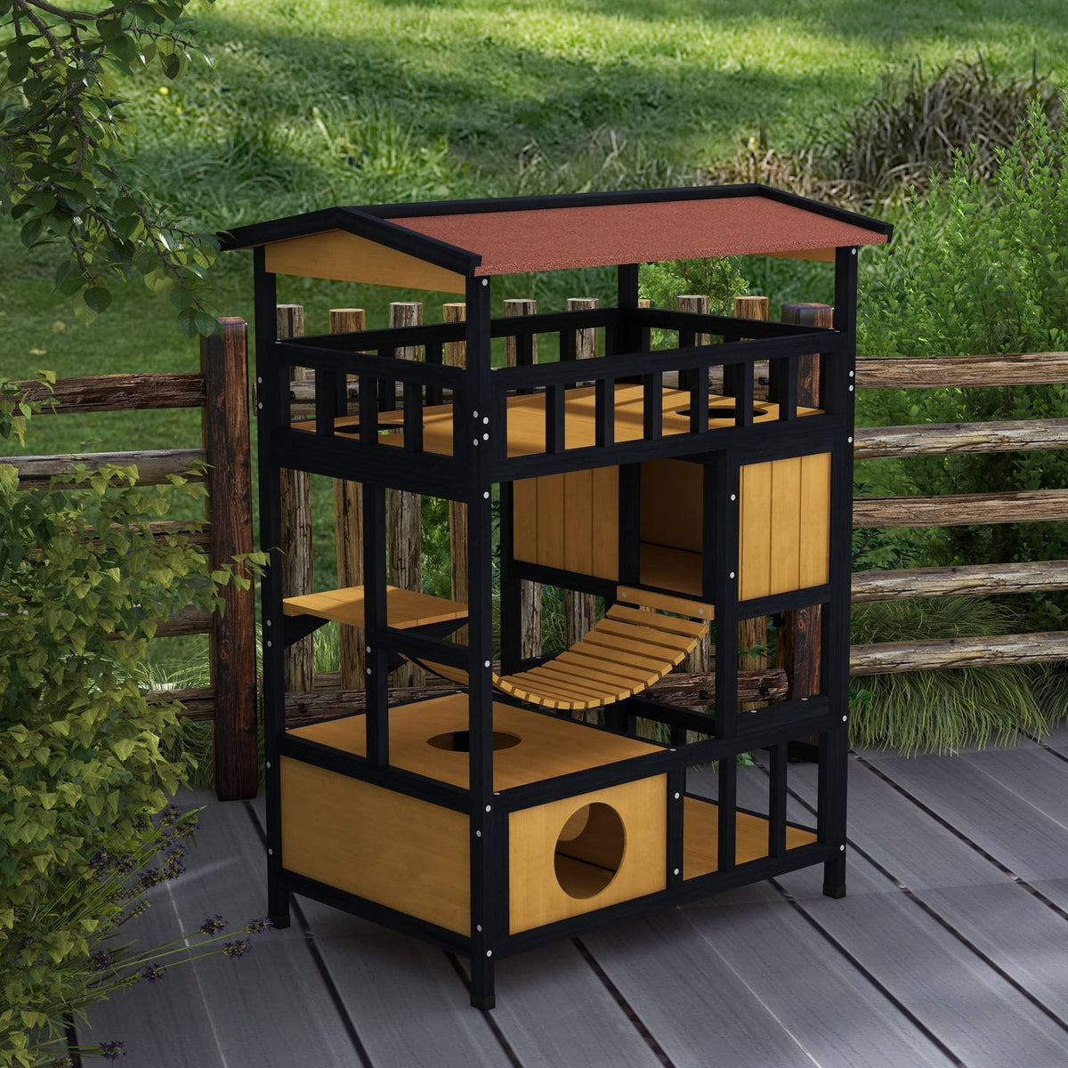 Houten kattenhuis met platforms en hangbrug, geel
