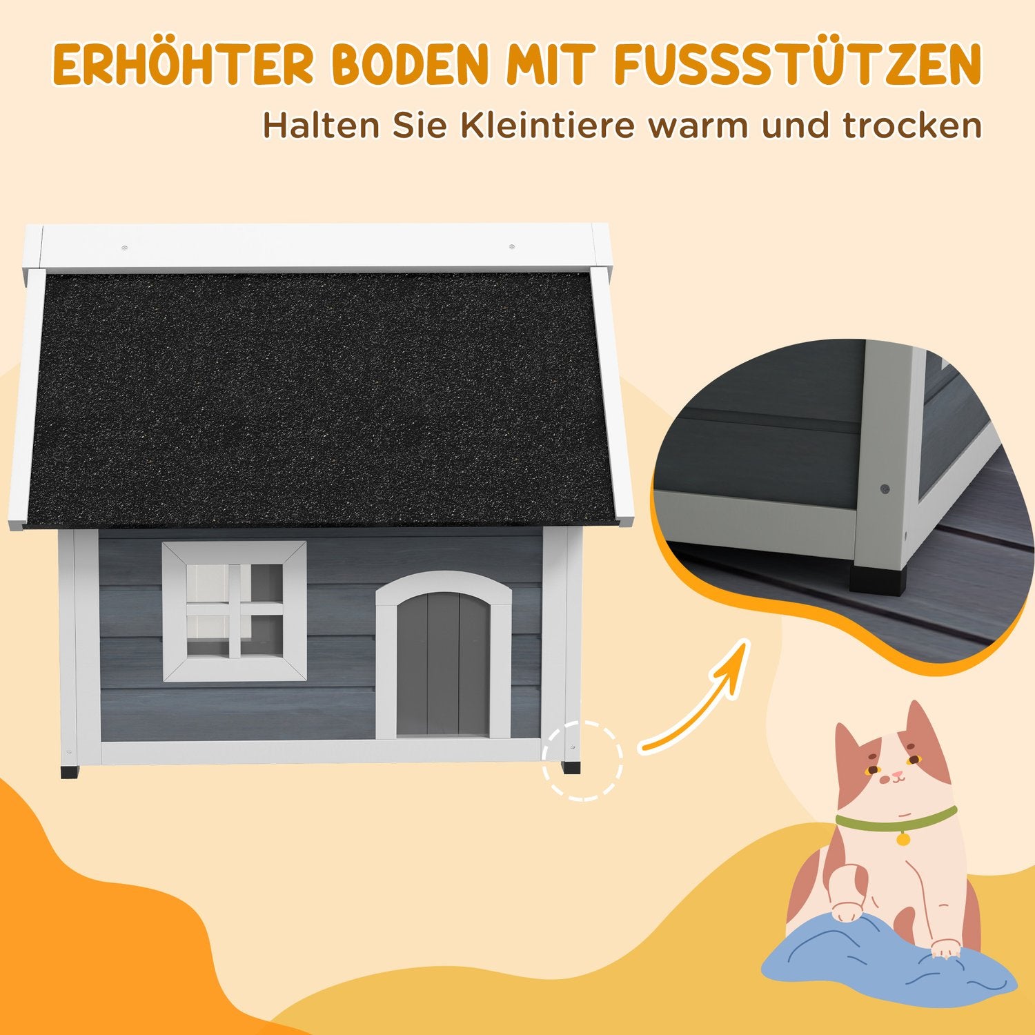 Katzenhaus aus Holz, wetterfest, Scharnierdach, grau