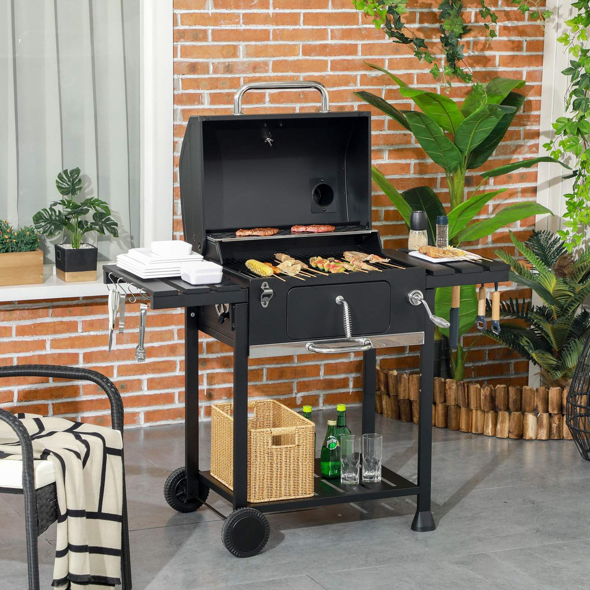 Houtskool campingbarbecue met dubbel rooster en inklapbaar plateau
