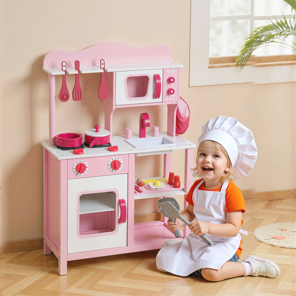 Houten speelkeuken met accessoires – roze, compact