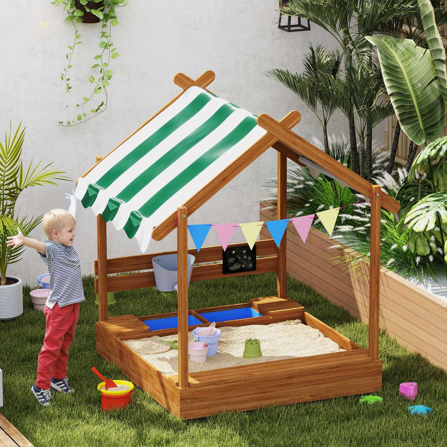 Träsandlåda med sits och tak, 124x116x146 cm för barn