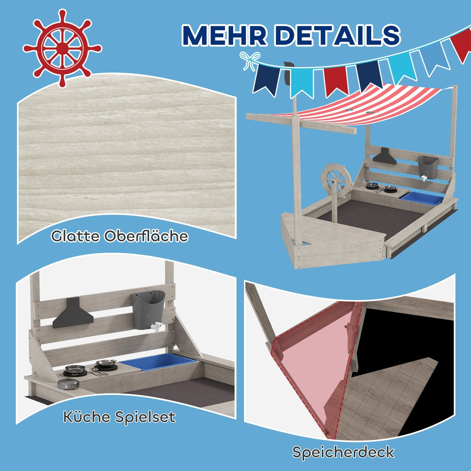 Houten speeltuinboot Zandbak met deksel – 180 x 103 x 144,5 cm