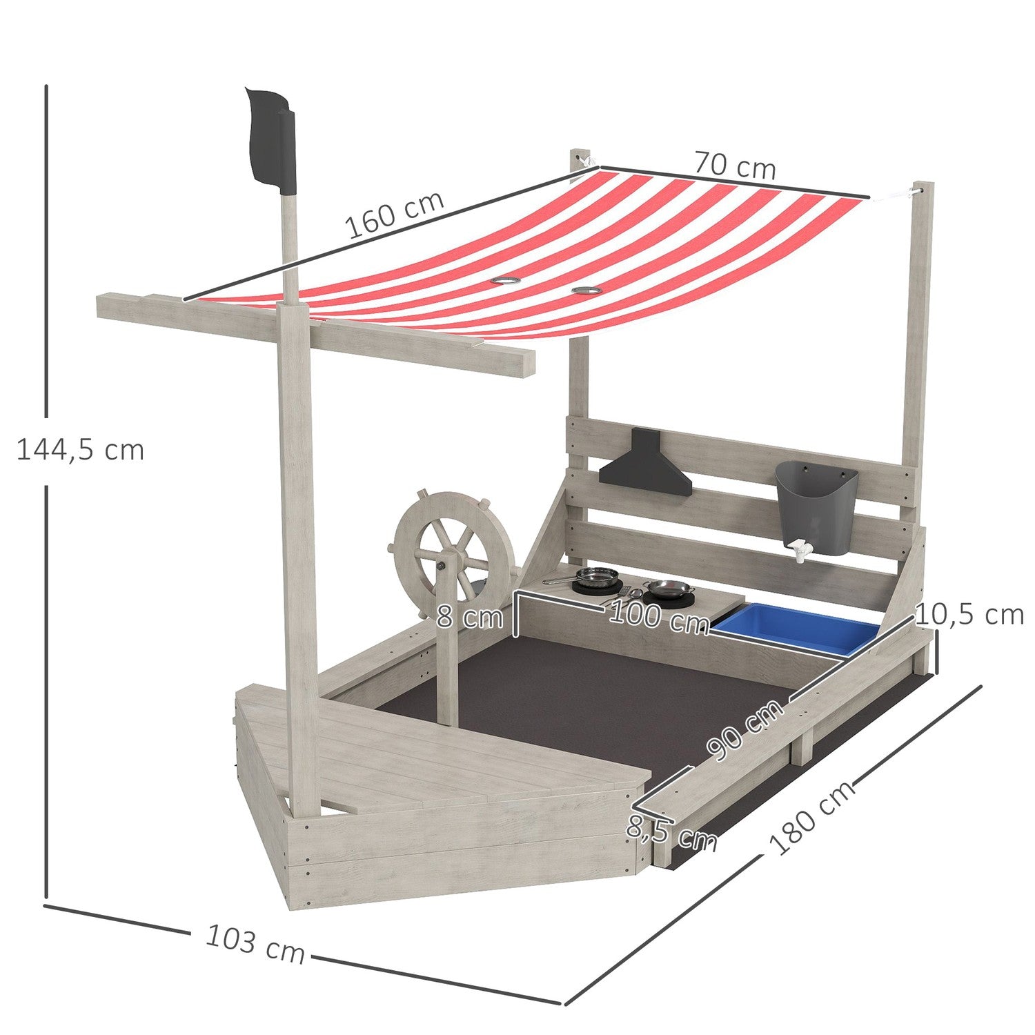 Houten speeltuinboot Zandbak met deksel – 180 x 103 x 144,5 cm