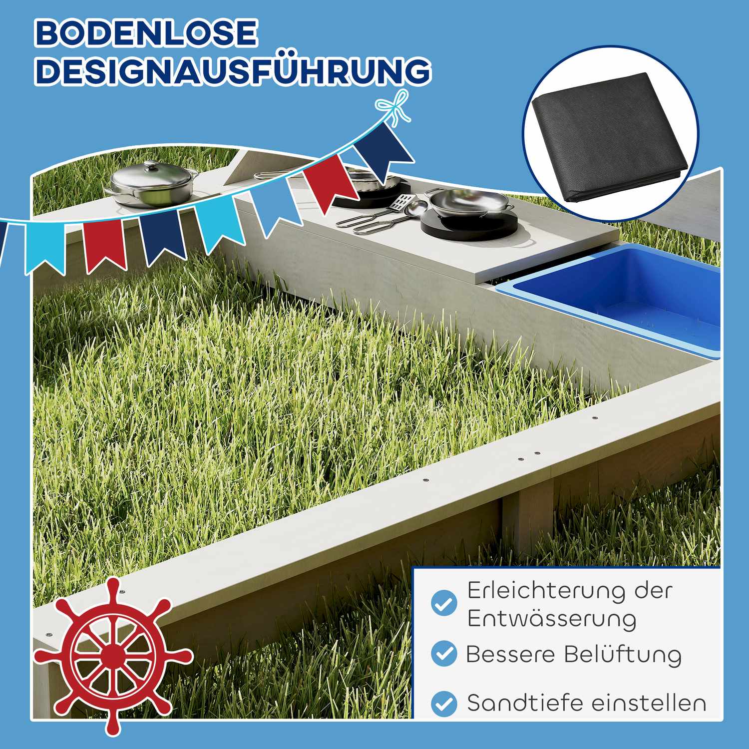 Houten speeltuinboot Zandbak met deksel – 180 x 103 x 144,5 cm