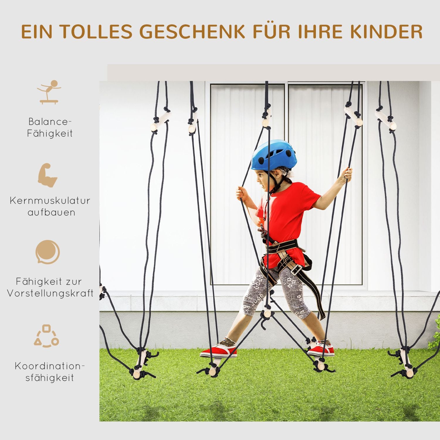 Houten klimtouwladder voor kinderen, 1,65 m, draagvermogen 100 kg