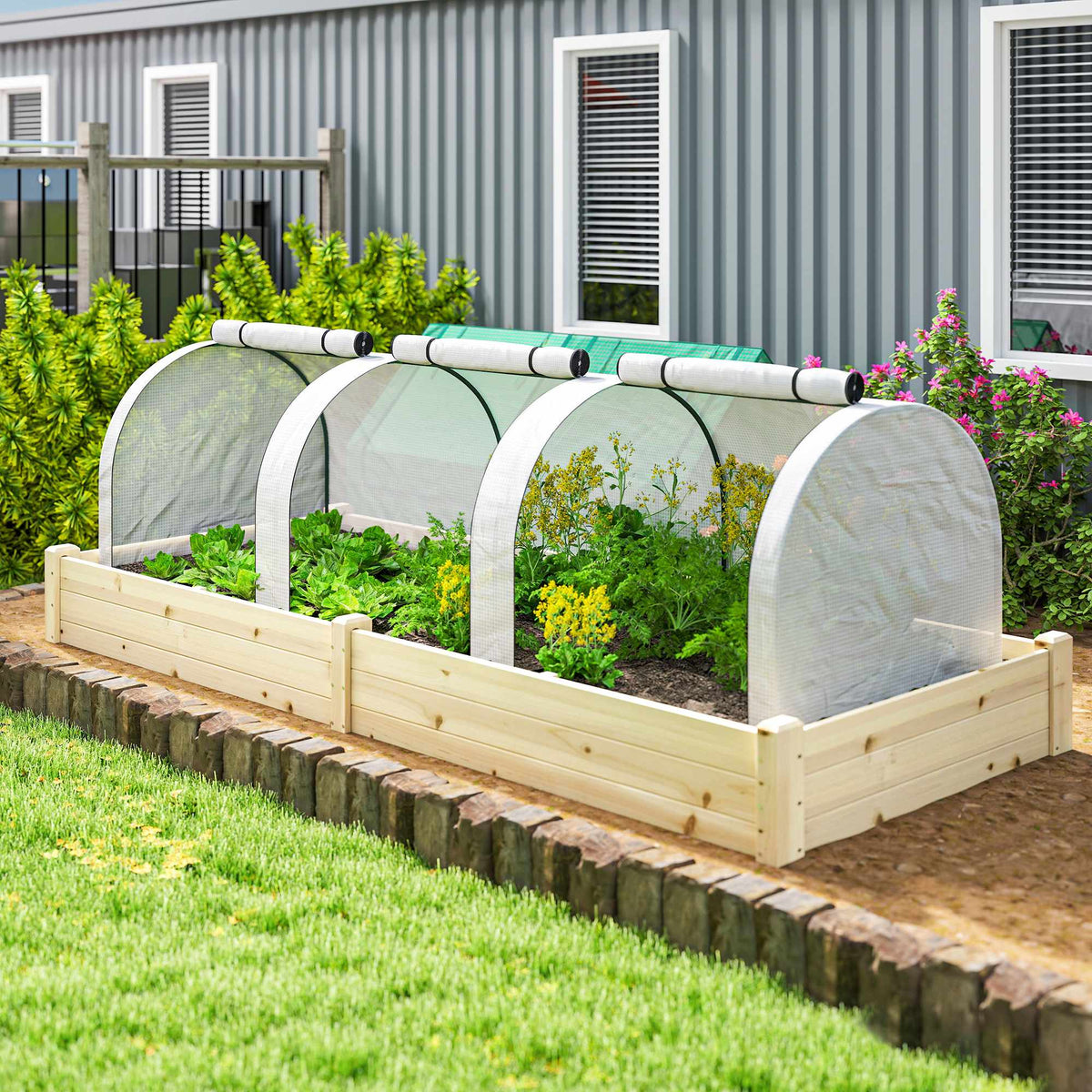 Tunnelkas met 3 ramen met rits, stalen frame, 295x100x80 cm