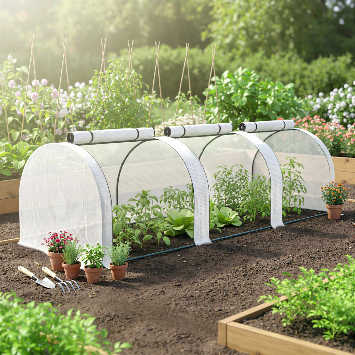 Tunnelkas met 3 ramen met rits, stalen frame, 295x100x80 cm