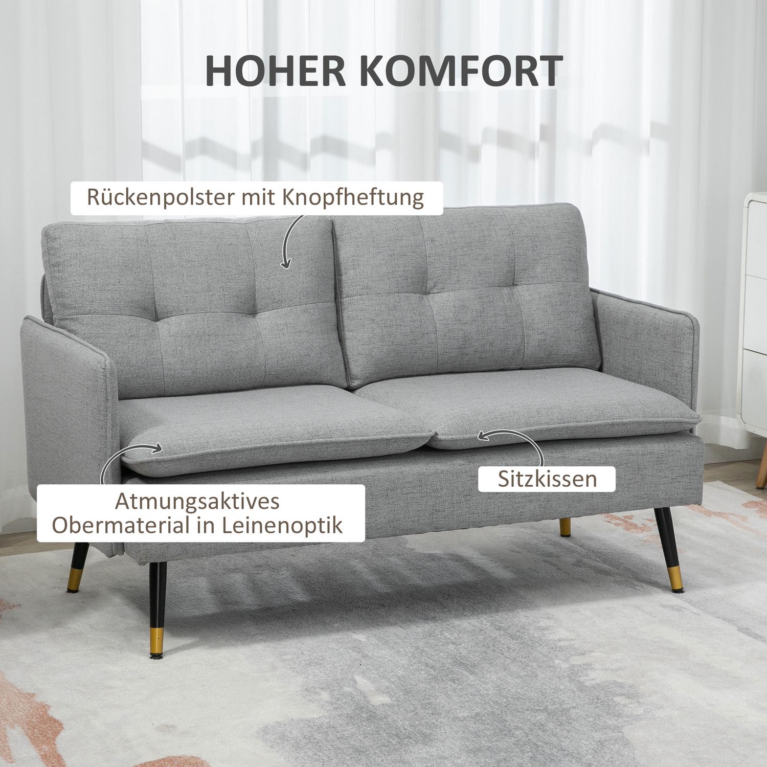 Tweezitsbank, grijs, met kussens, linnenlook