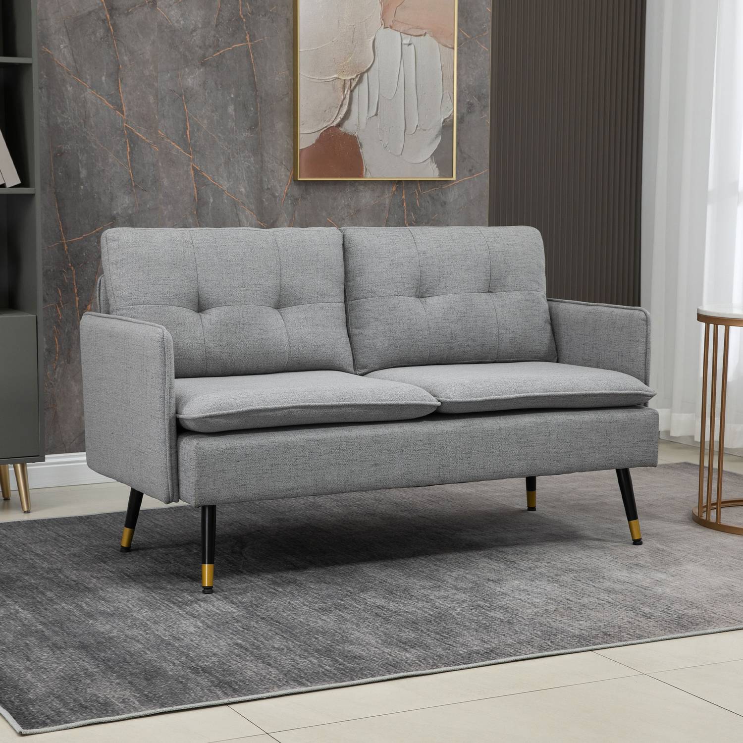 Tweezitsbank, grijs, met kussens, linnenlook
