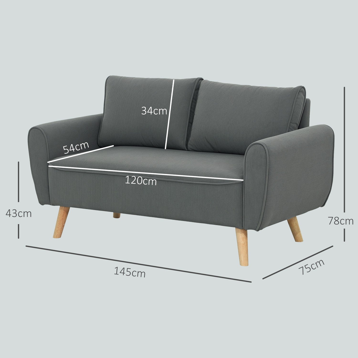 2-Sitzer-Cordsofa, extra tief und gepolstert, dunkelgrau