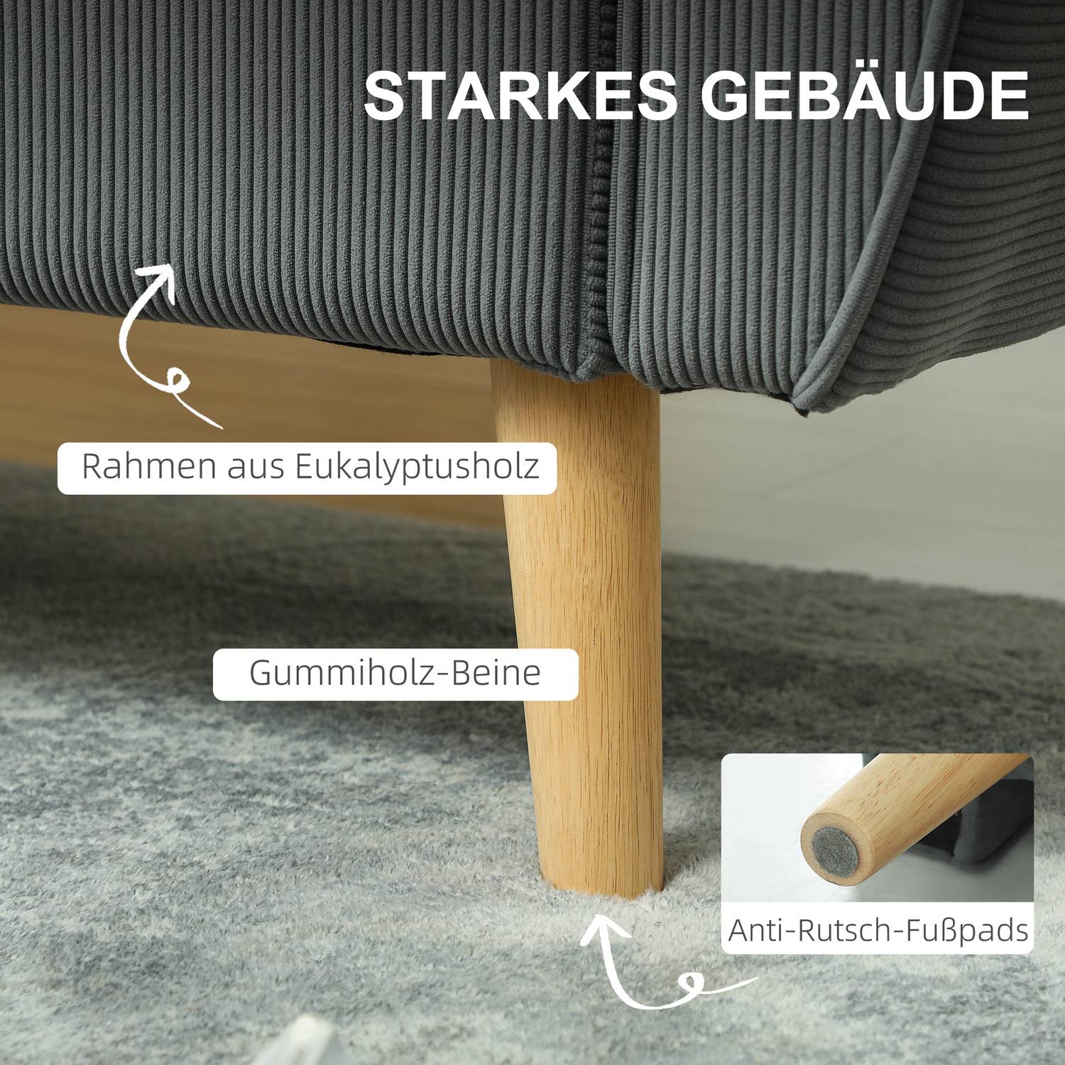 2-Sitzer-Cordsofa, extra tief und gepolstert, dunkelgrau