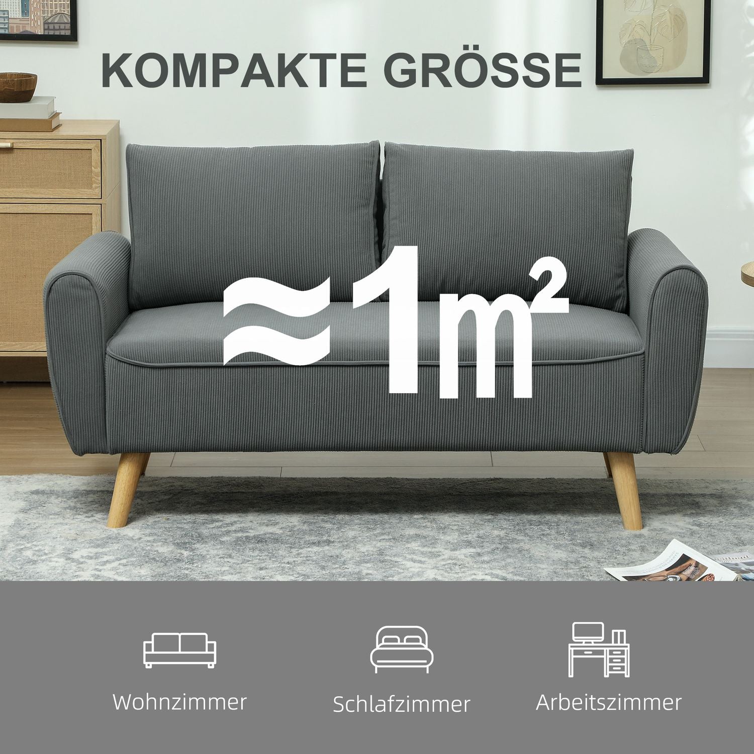 2-Sitzer-Cordsofa, extra tief und gepolstert, dunkelgrau