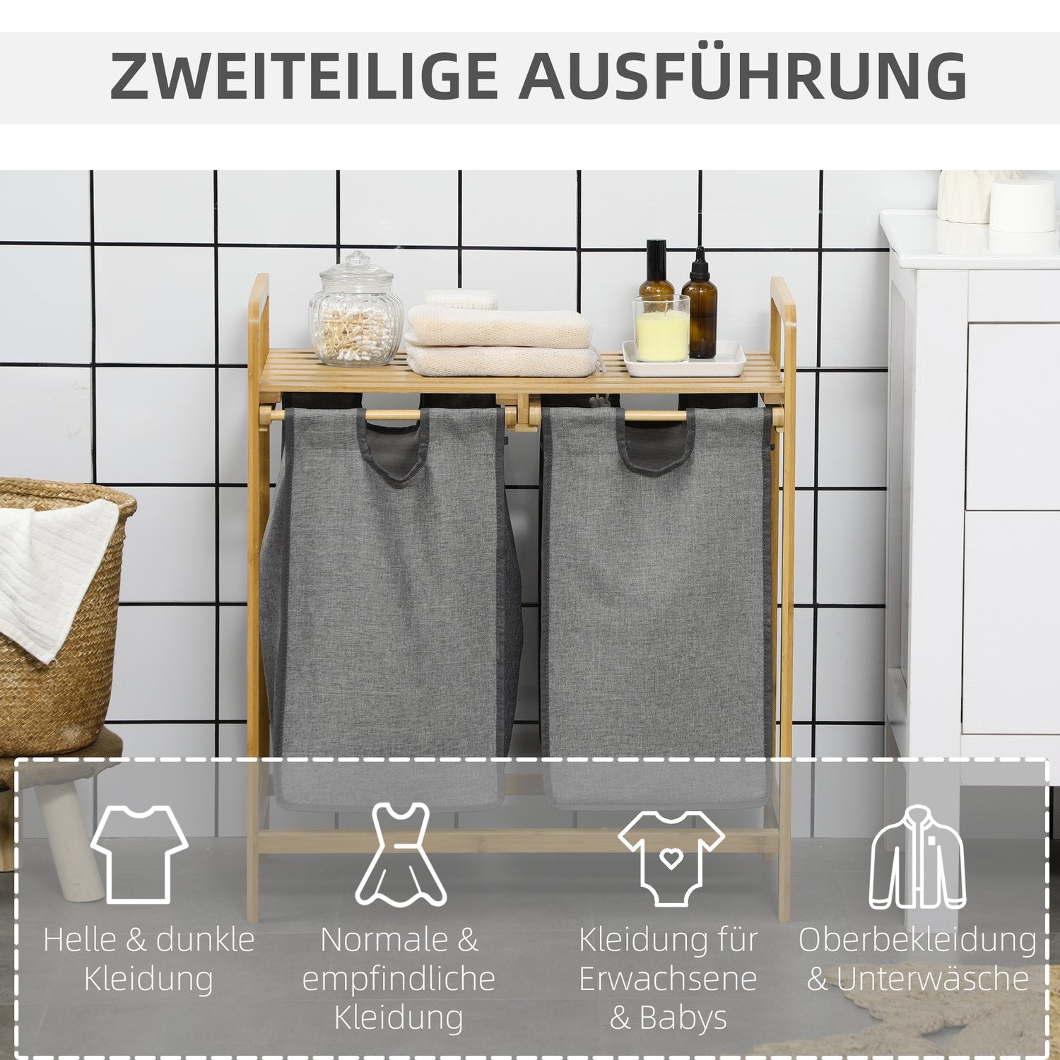 Bamboe wasmand met uitneembare tassen – grijs en naturel