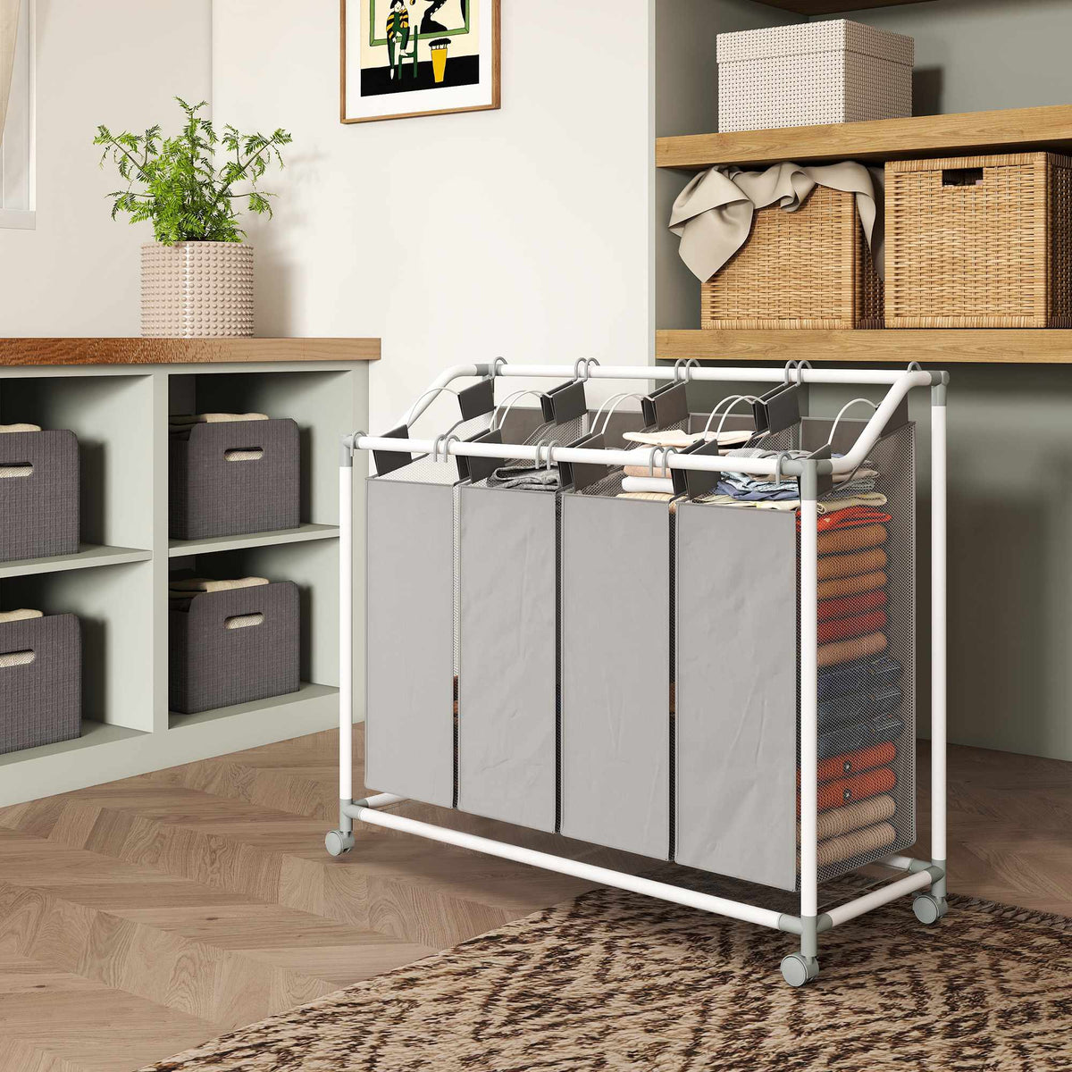 Wasmand met 4 afneembare zakken, 160 liter, wielen, grijs