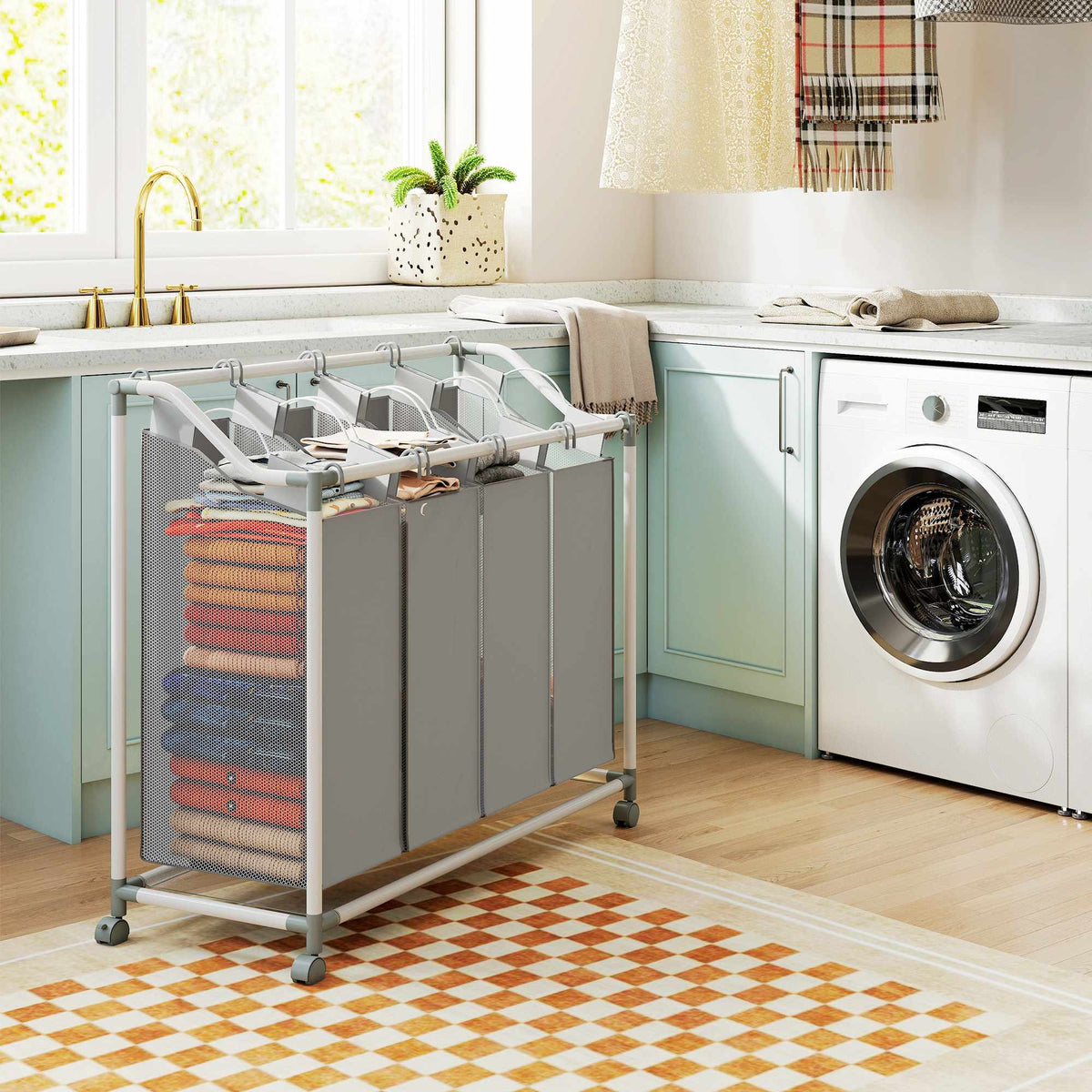 Wasmand met 4 afneembare zakken, 160 liter, wielen, grijs