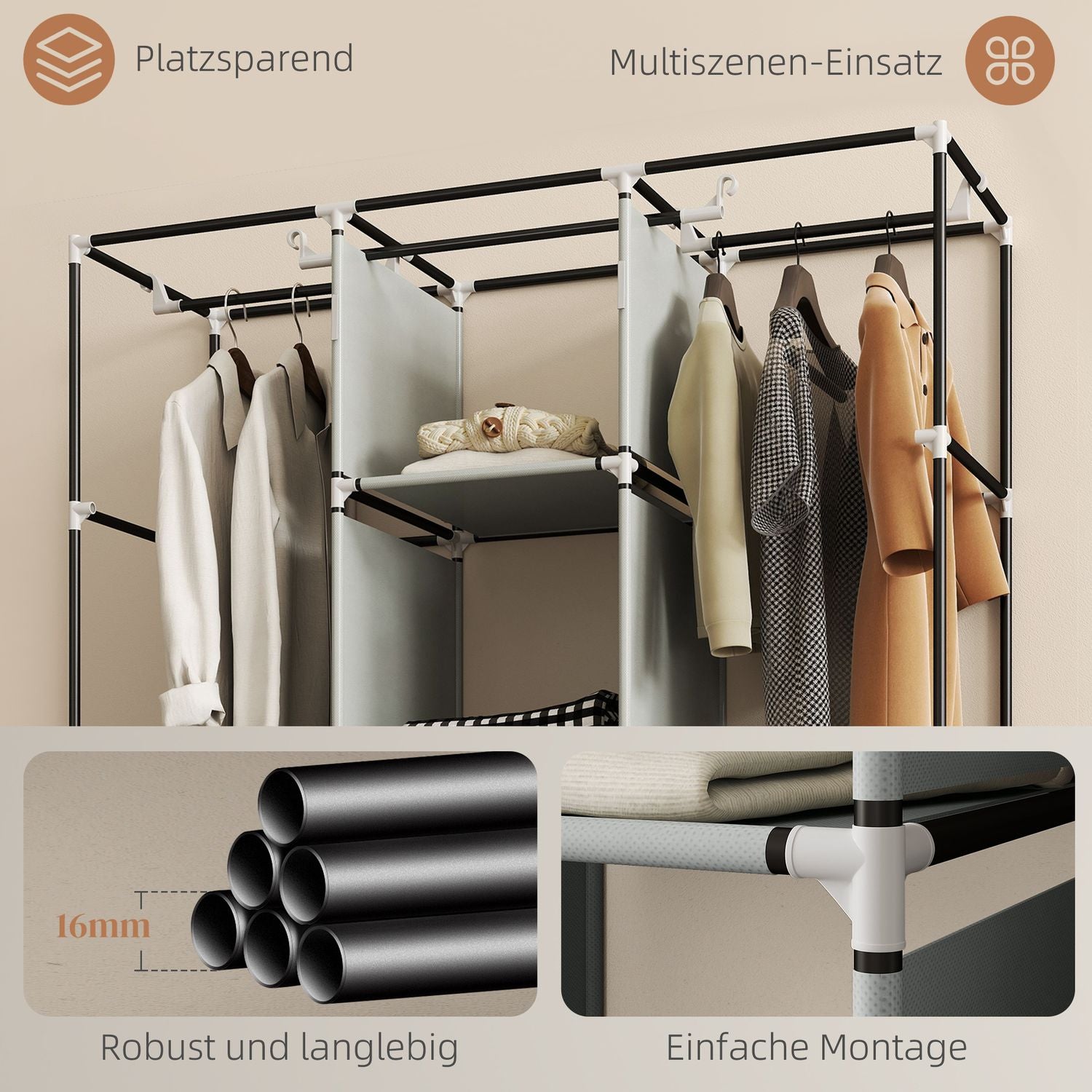 Fleece stoffen kledingkast, opvouwbare kledingkast, inclusief 3 laden, 125 cm x 43 cm x 162,5 cm, lichtgrijs