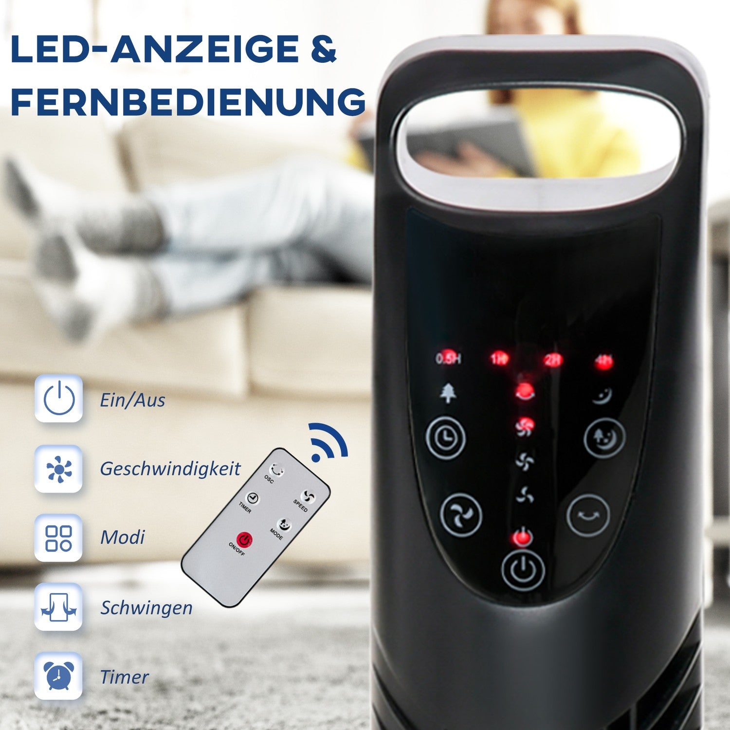 Stille torenventilator – 3 snelheden, afstandsbediening, oscillerend, zwart