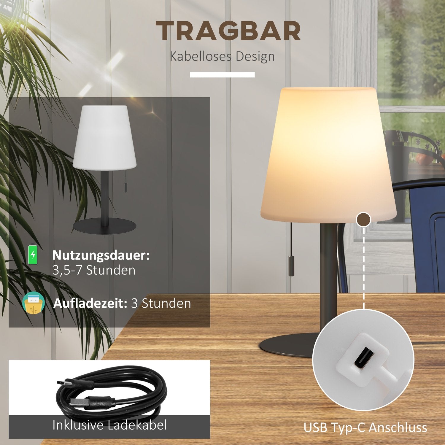 USB oplaadbare LED-tafellamp, dimbaar, binnen/buiten