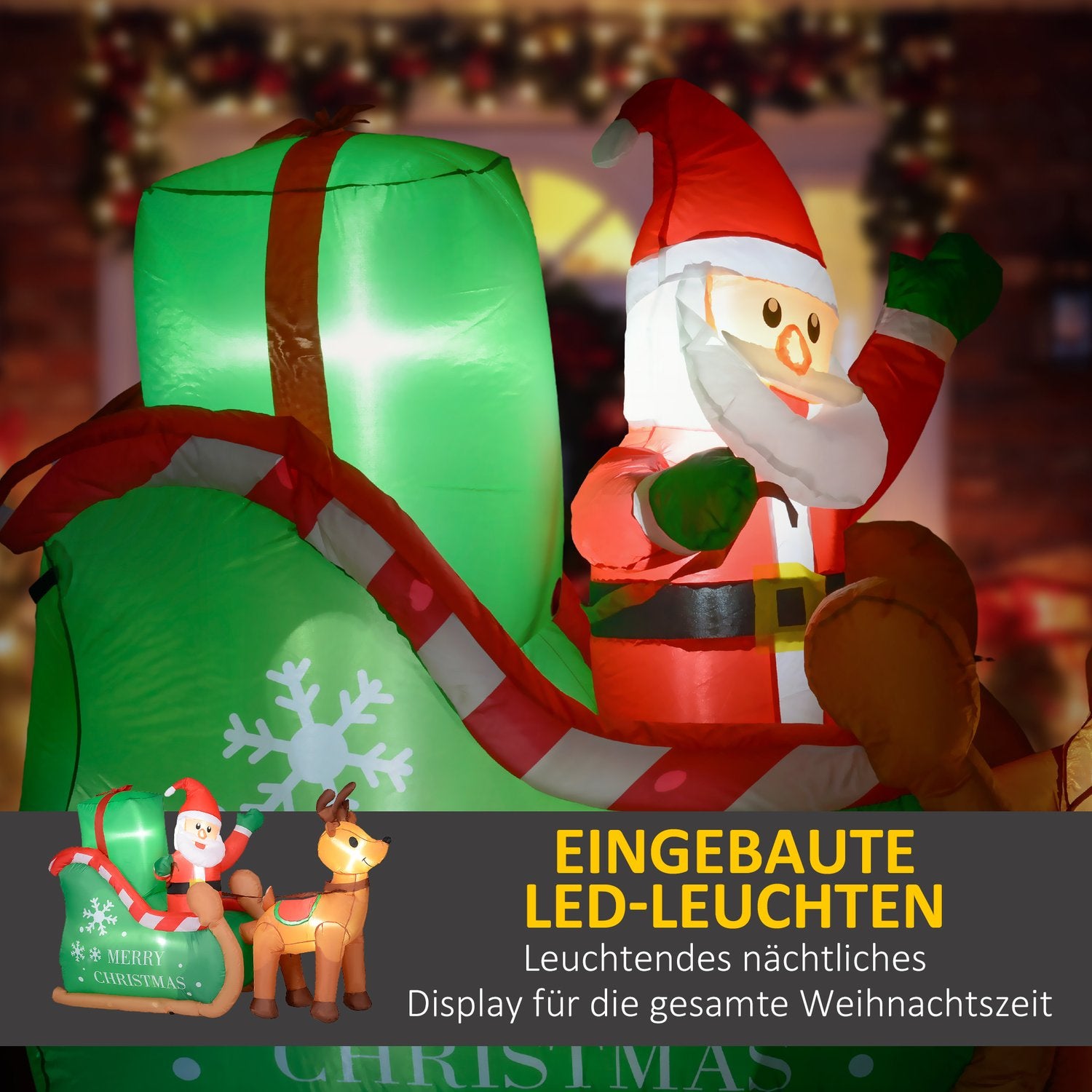 Opblaasbare 2,1 m kerstman met slee en rendieren – met LED-verlichting