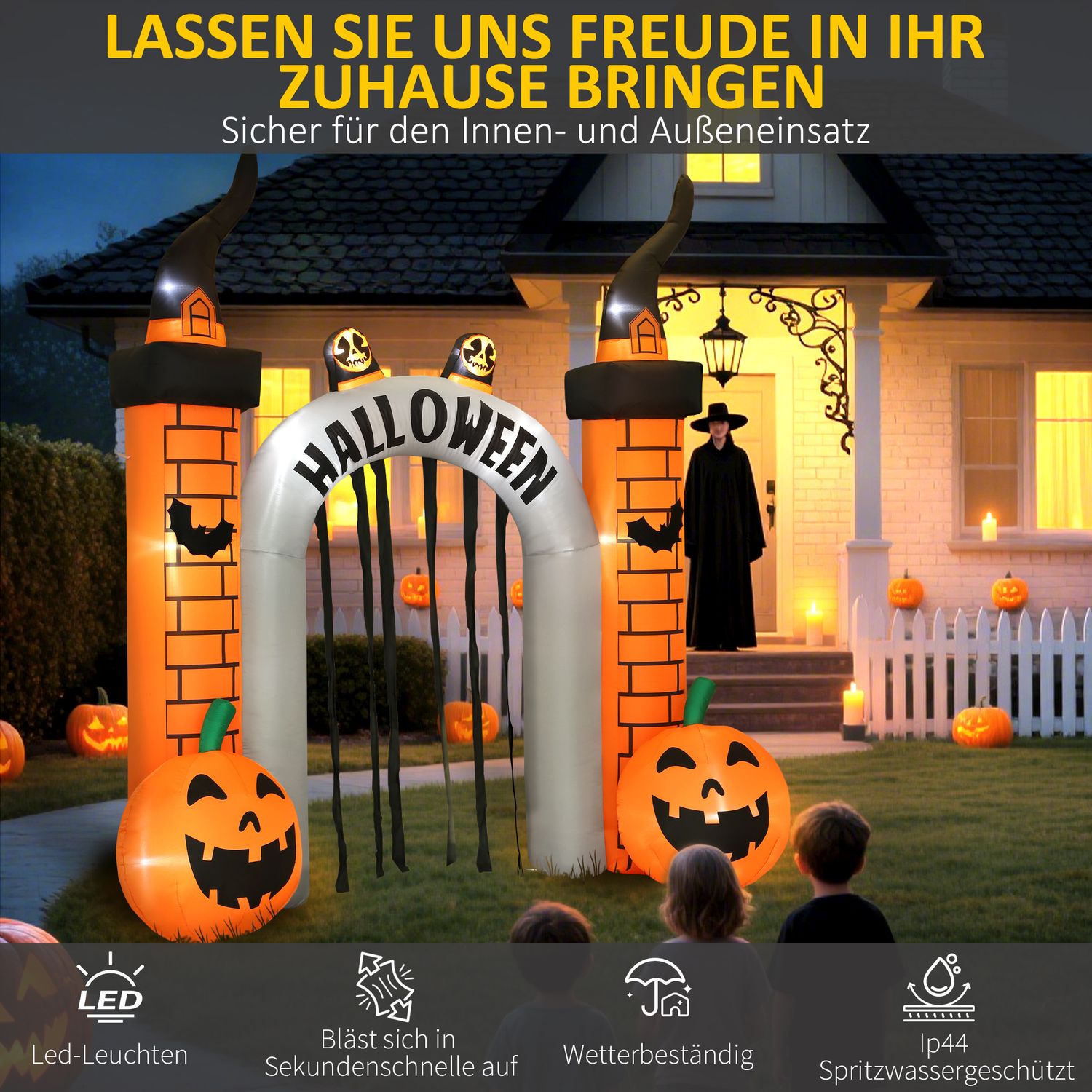 Uppblåsbar Halloween-valv, pumpadesign, lysdioder, pålar