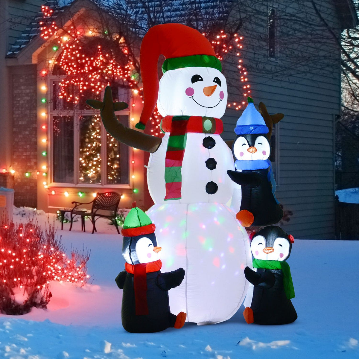 Opblaasbare kerstsneeuwpop met 3 pinguïns, LED-licht