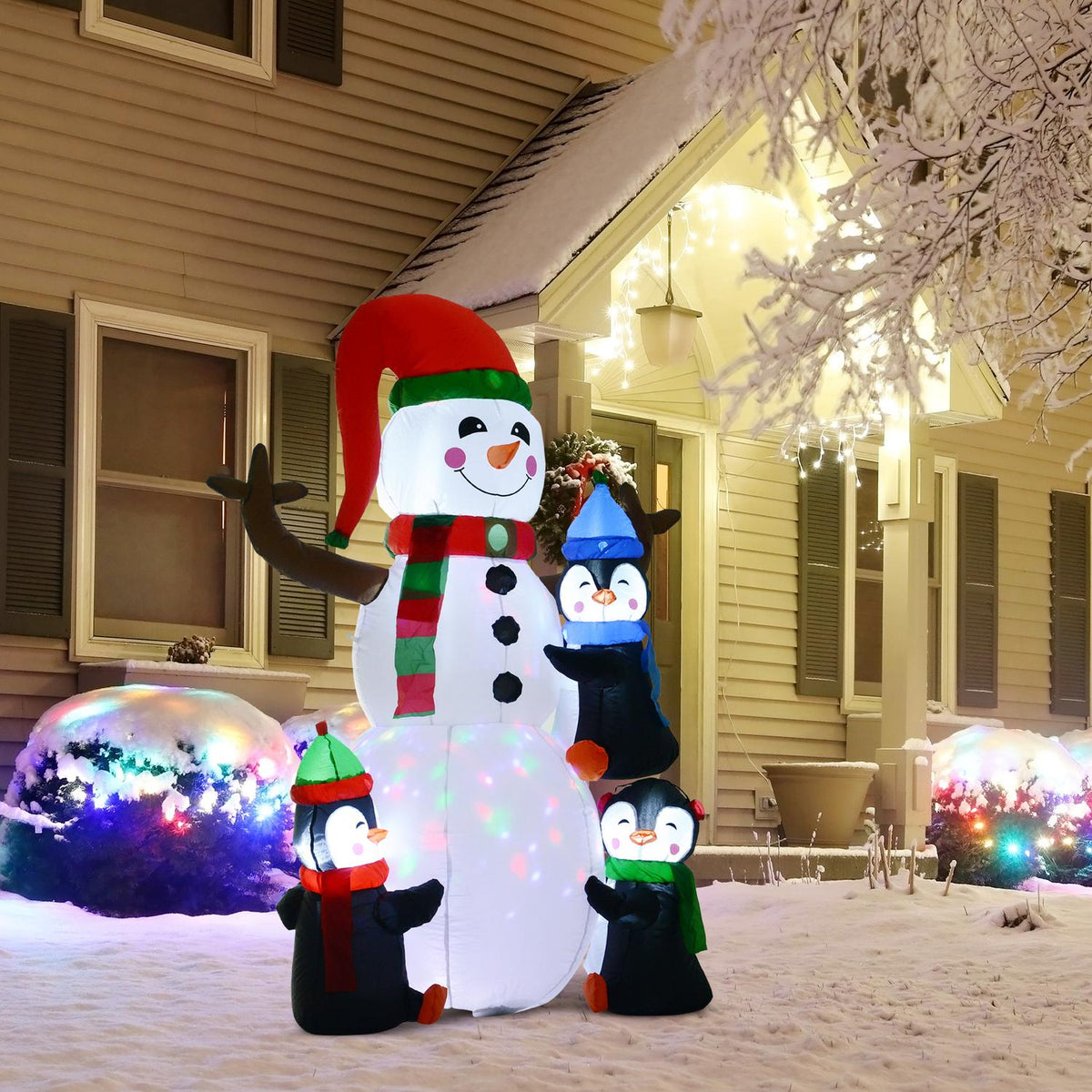 Opblaasbare kerstsneeuwpop met 3 pinguïns, LED-licht