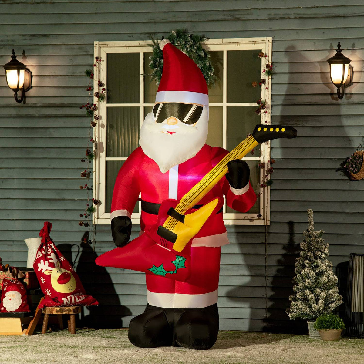 Opblaasbare kerstman met gitaar & LED-verlichting, 215 cm waterdicht
