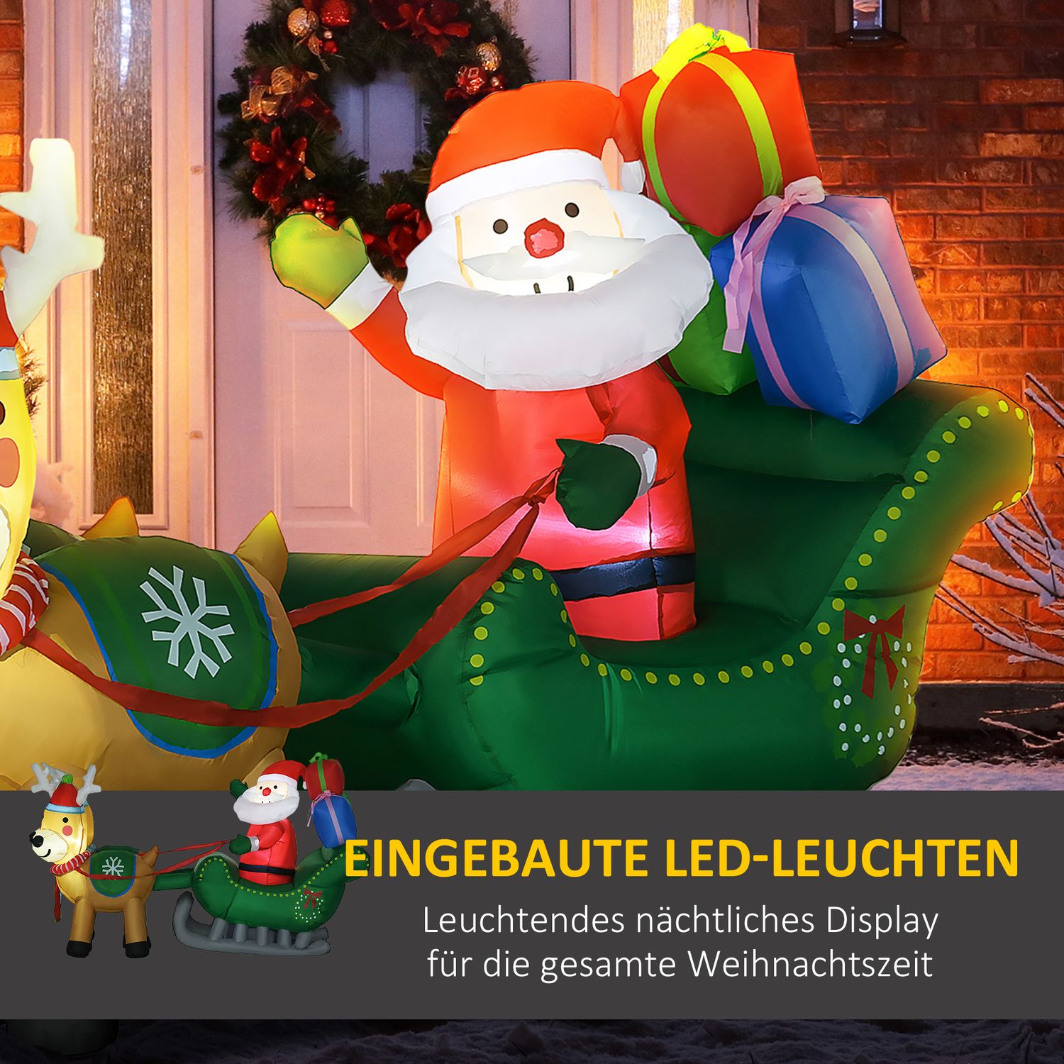 Opblaasbare Kerstman met rendieren, 210cm LED, waterdichte decoratie