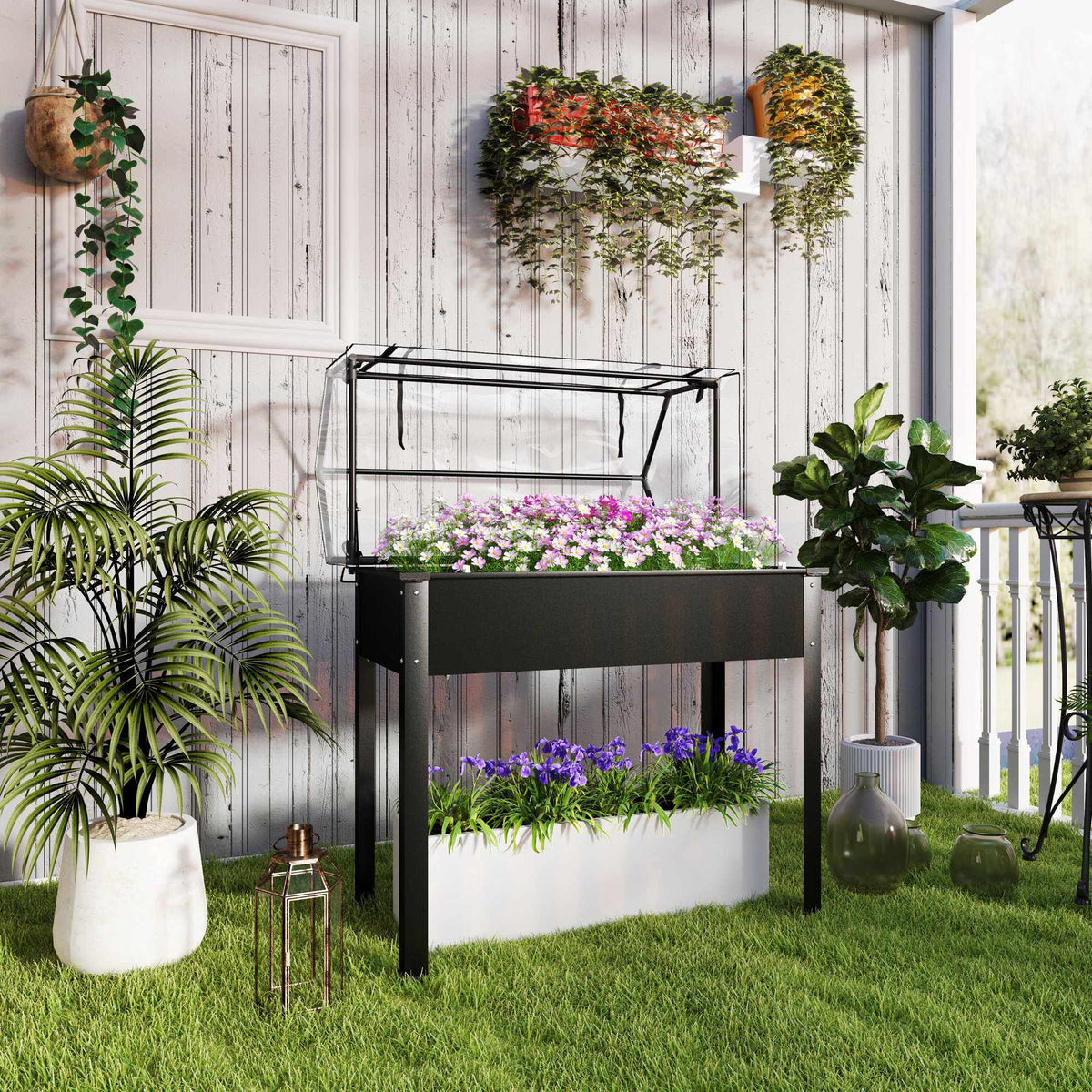 Verhoogde tuinbak met kasdak, 100 x 48 x 124 cm, zwart
