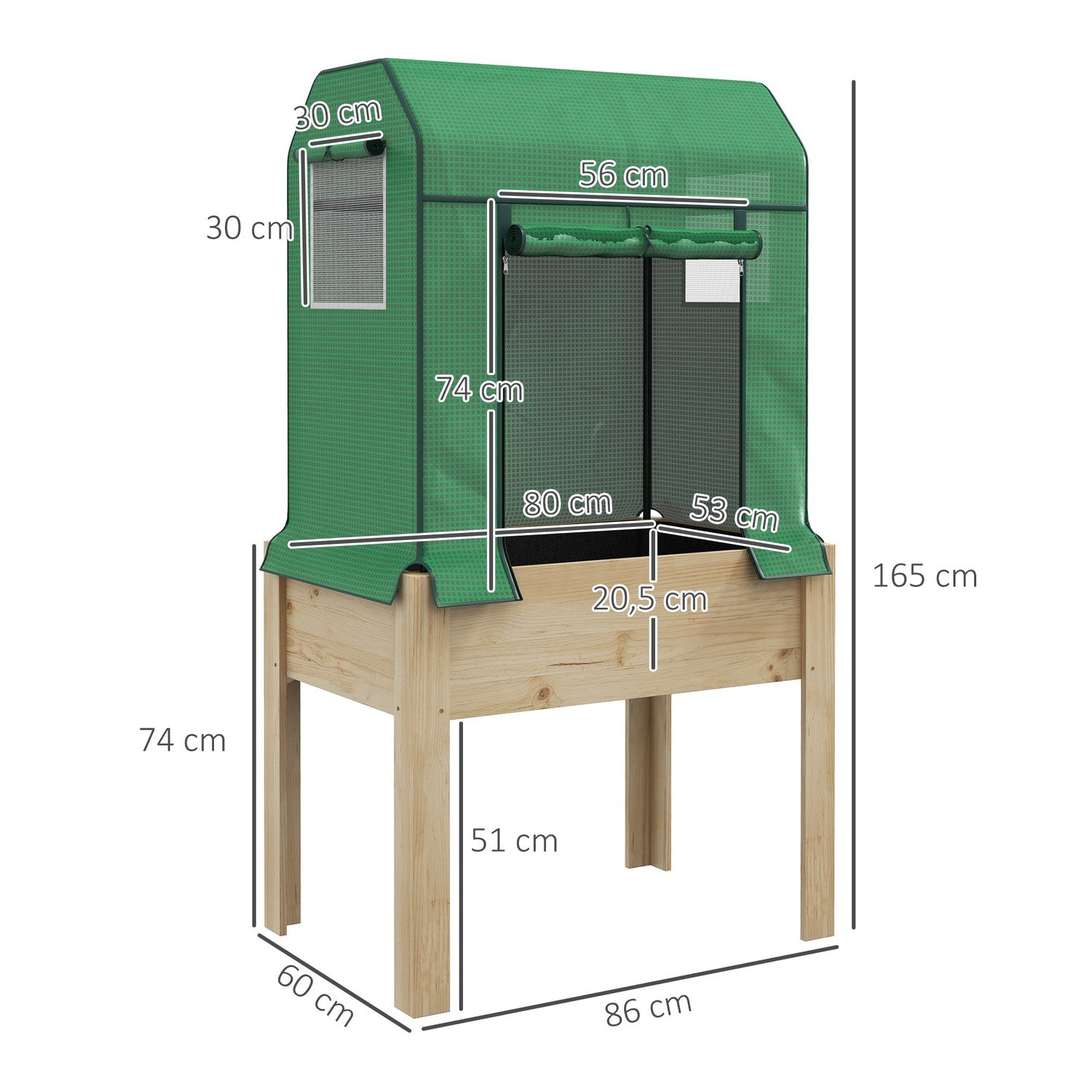 Verhoogd houten tuinbed met koude bak, 86x60x165 cm