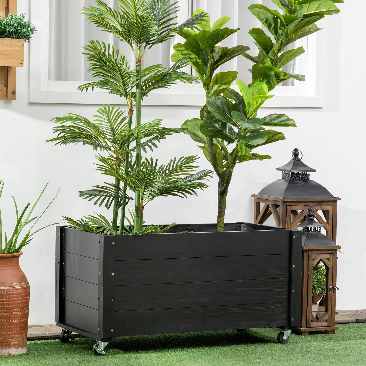 Verhoogde tuinbak met wielen, massief hout, 89 x 48 x 47 cm