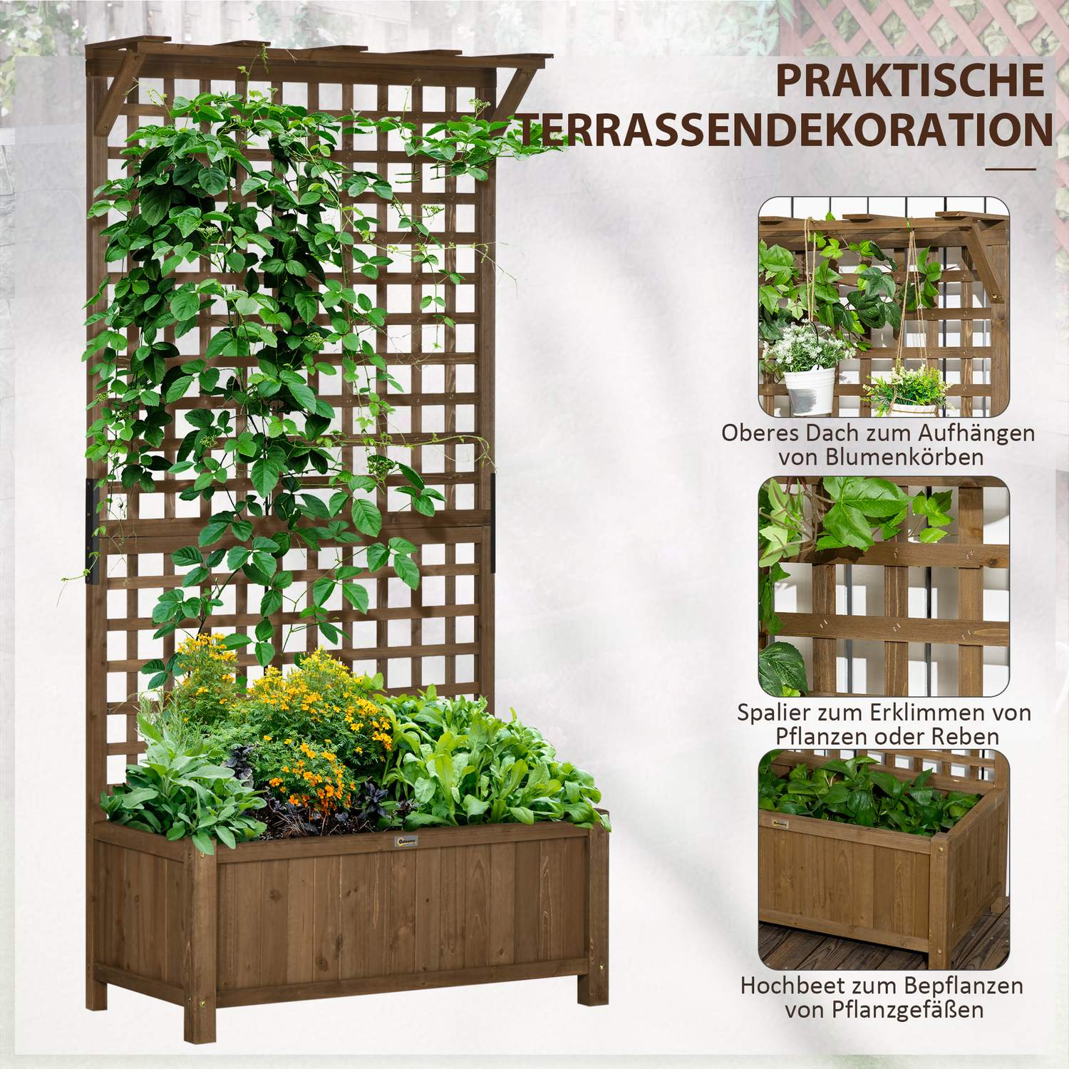 Verhoogd houten bed met latwerk voor klimplanten, 90x45x183 cm