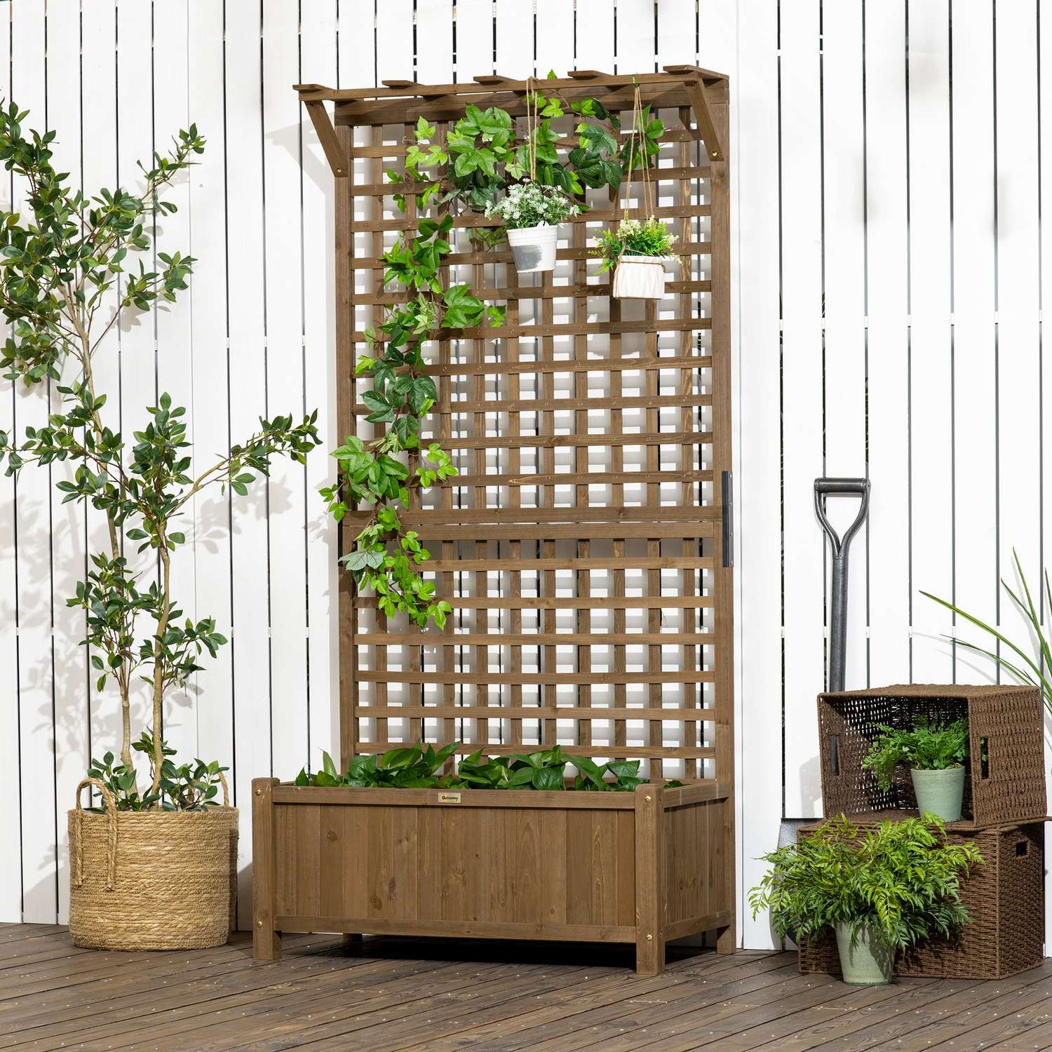 Verhoogd houten bed met latwerk voor klimplanten, 90x45x183 cm