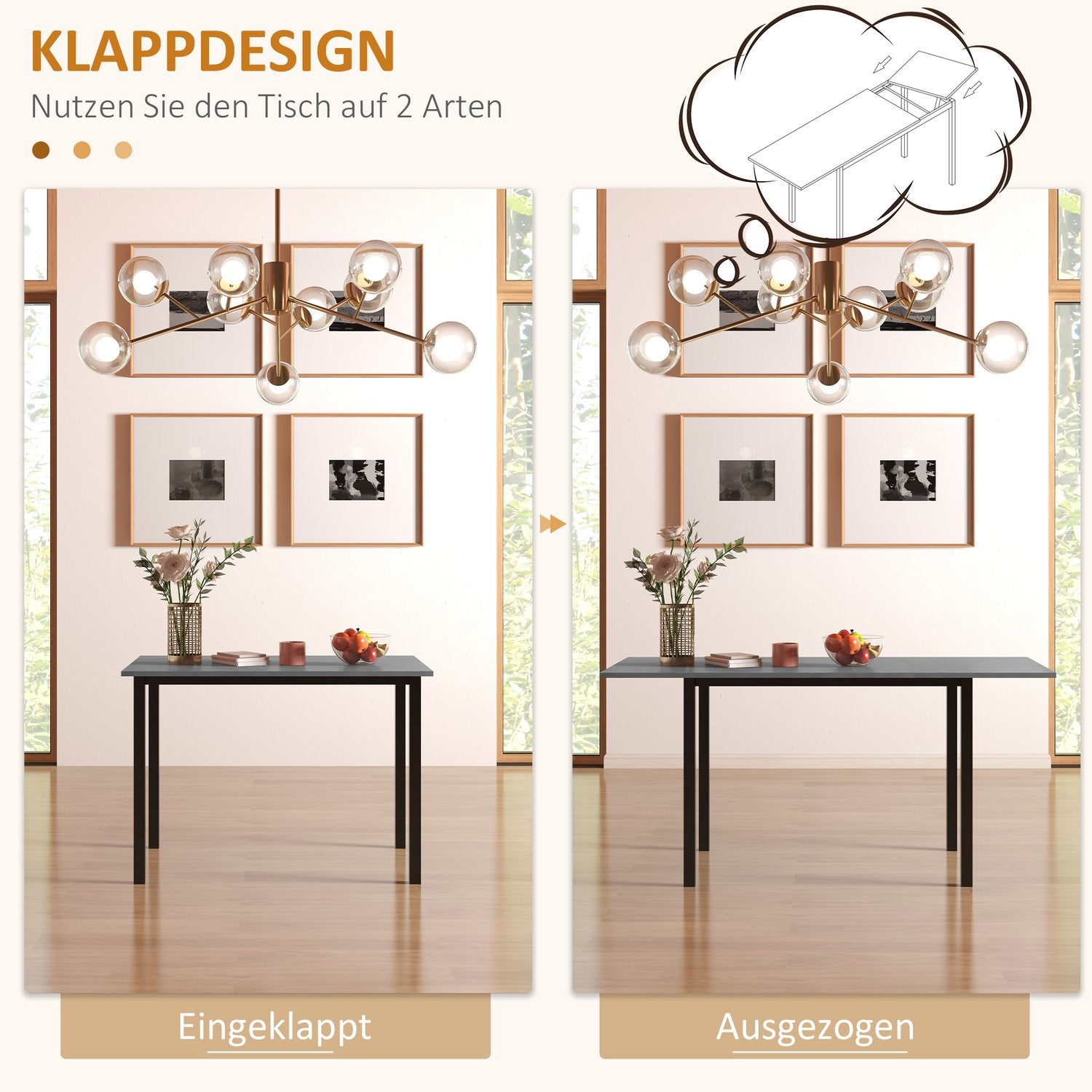 Uitschuifbare eettafel voor 6 – Donkergrijs staal, 110-160 cm
