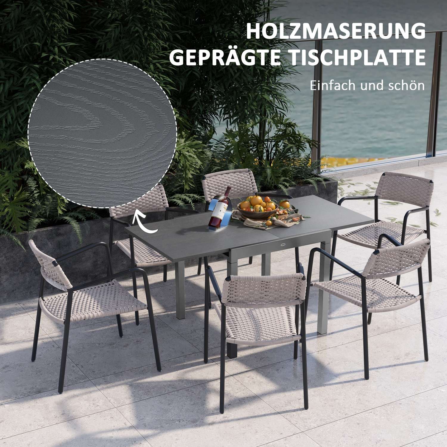 Uitschuifbare terrastafel, houtlook, 6 stoelen, staal