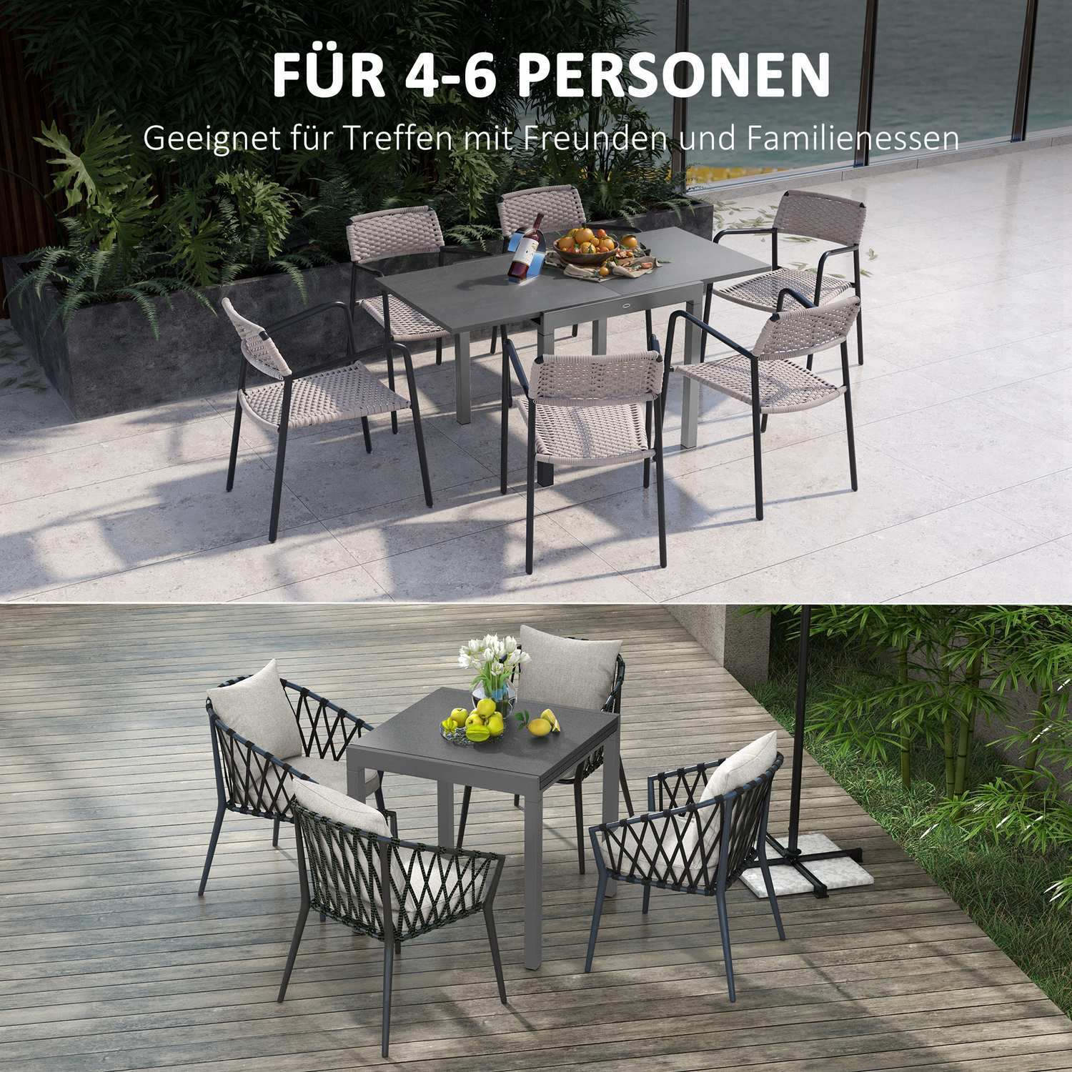 Uitschuifbare terrastafel, houtlook, 6 stoelen, staal