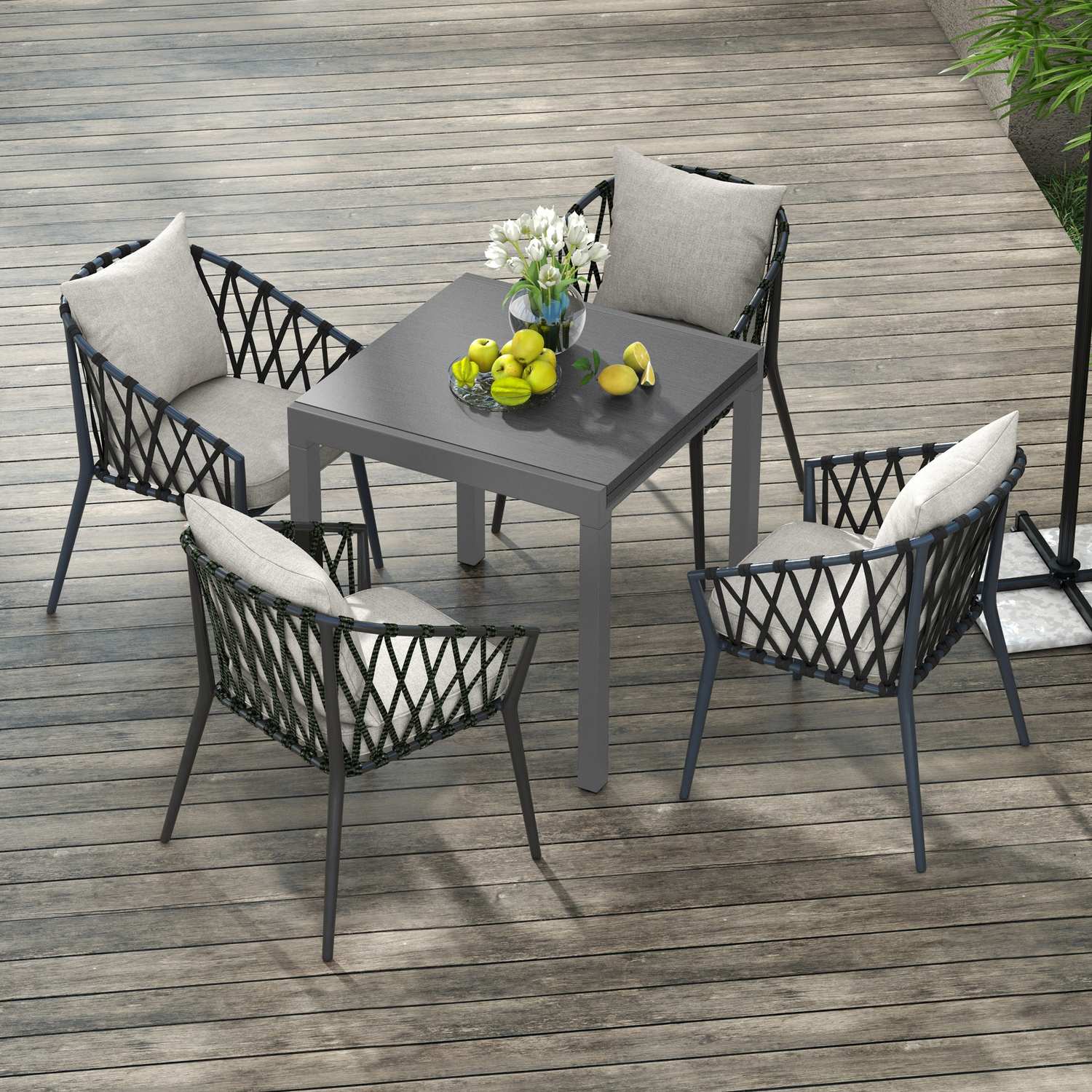 Uitschuifbare terrastafel, houtlook, 6 stoelen, staal