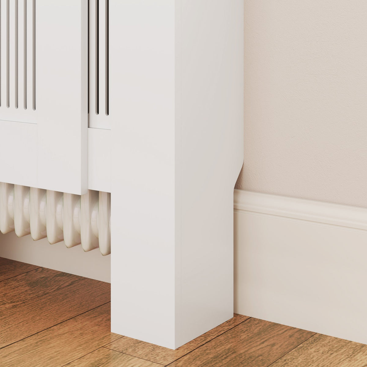 Uittrekbare witte radiatorombouw met plank, lattenontwerp