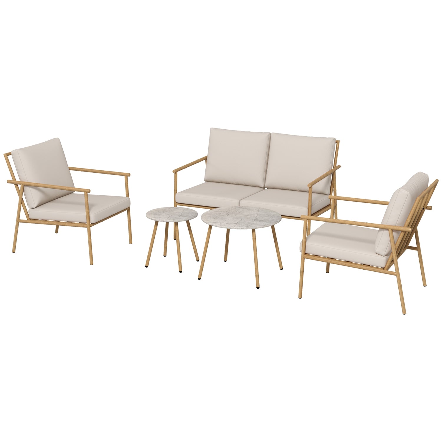 Tuinmeubelset – 2 stoelen, bank en tafel, crèmekleurige kussens
