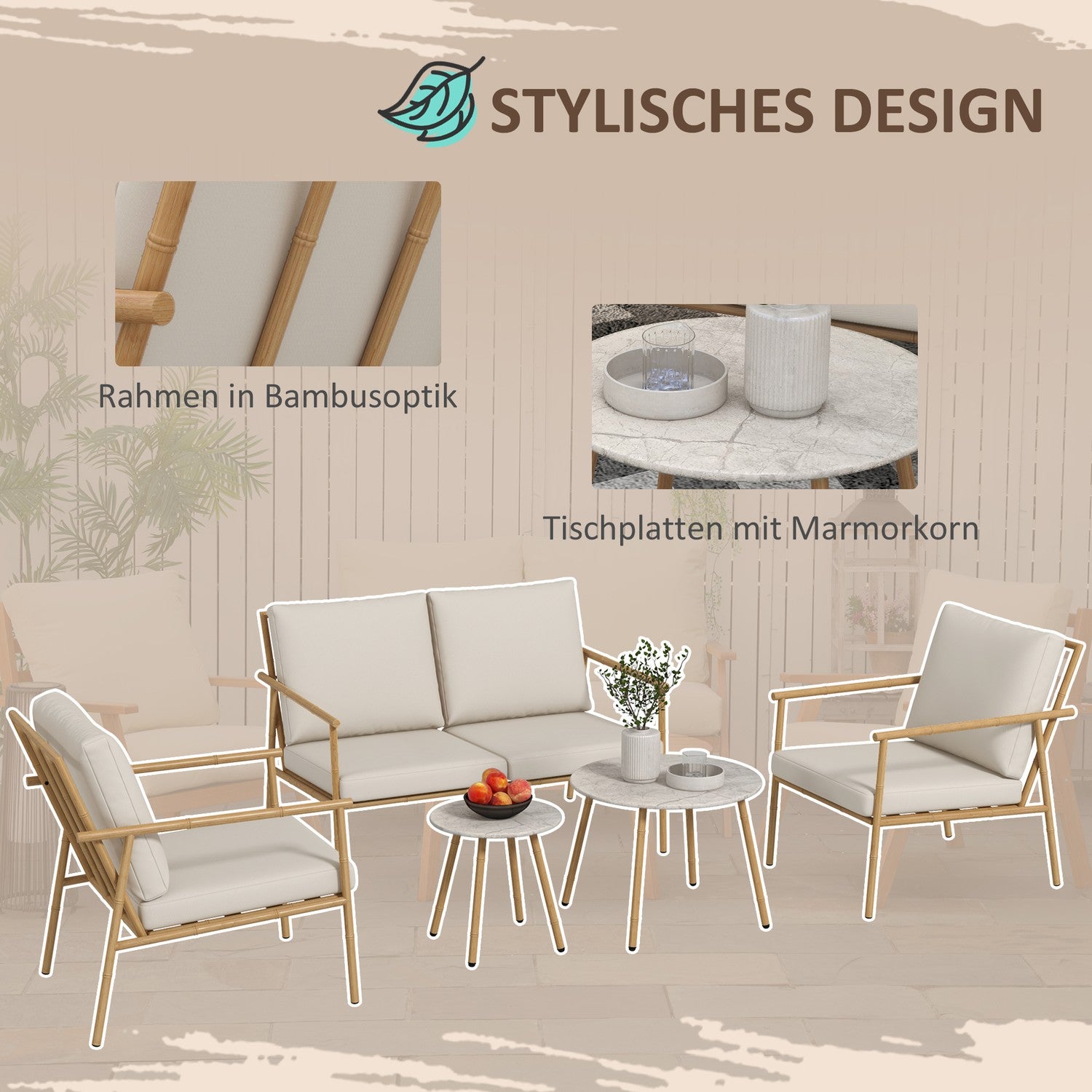 Tuinmeubelset – 2 stoelen, bank en tafel, crèmekleurige kussens