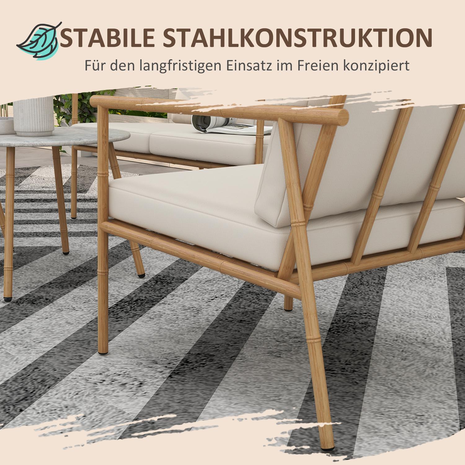 Tuinmeubelset – 2 stoelen, bank en tafel, crèmekleurige kussens