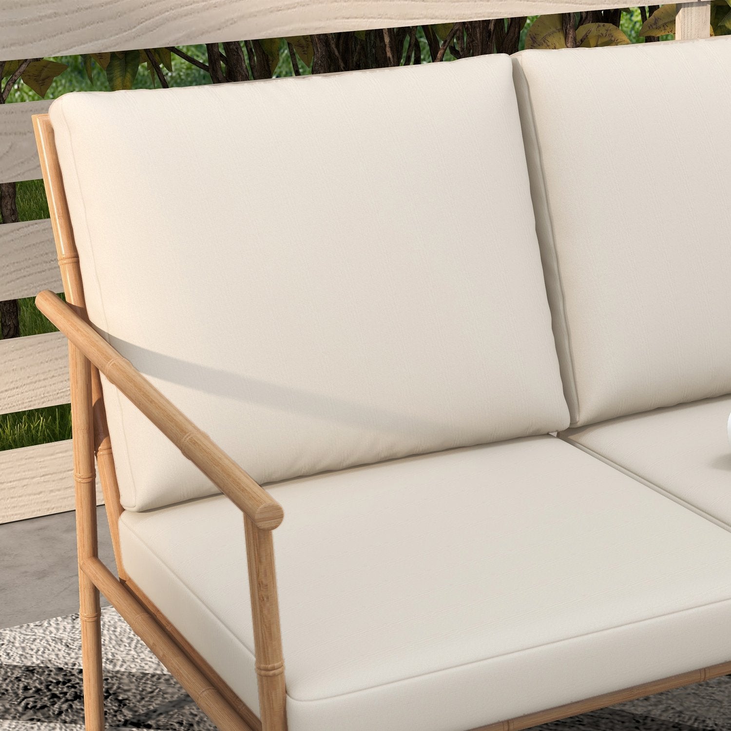 Tuinmeubelset – 2 stoelen, bank en tafel, crèmekleurige kussens